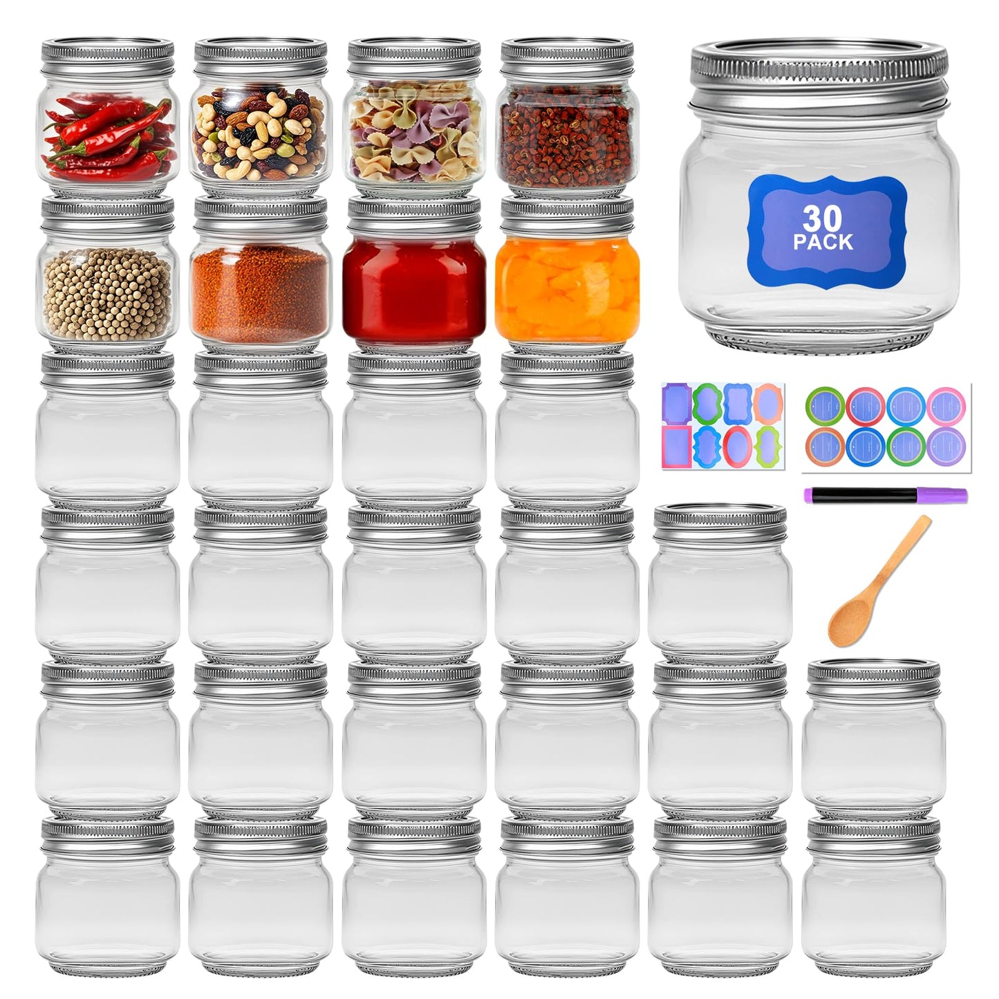 8 oz Mason Jars 30 Pack，Small Glass Containers with Lids，8oz Mason Jars with Lids,Canning Jars,The set includes 1 wooden spoons, 8 stickers, and a purple pen，Ideal for jams, spices, candy