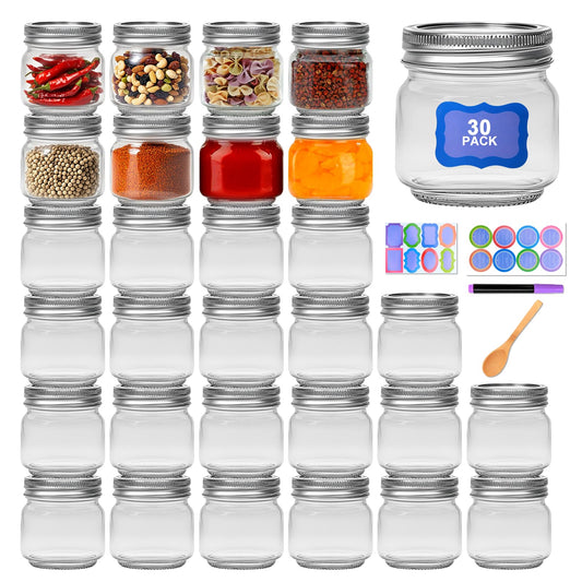 8 oz Mason Jars 30 Pack，Small Glass Containers with Lids，8oz Mason Jars with Lids,Canning Jars,The set includes 1 wooden spoons, 8 stickers, and a purple pen，Ideal for jams, spices, candy