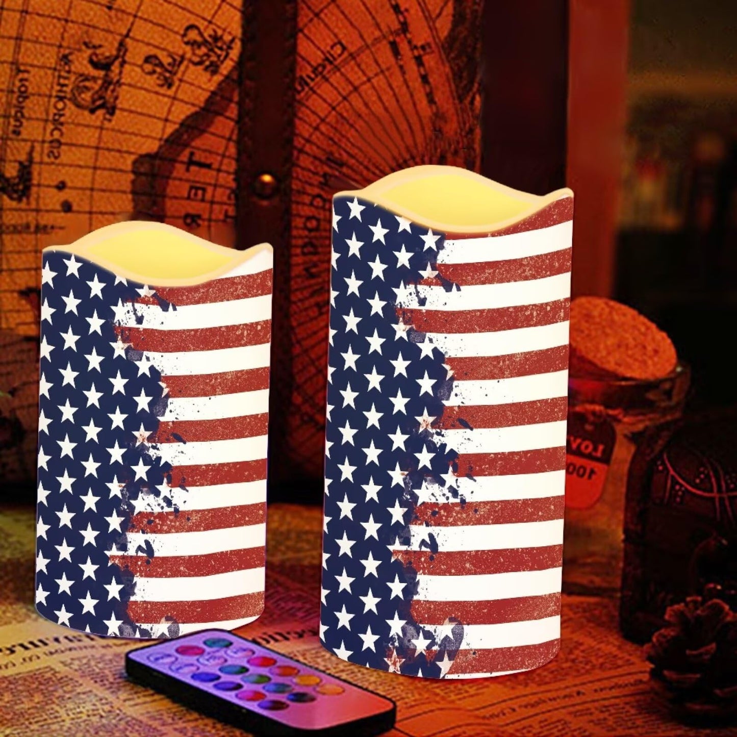 Uorisanigo Stars and Stripes Plastic Flameless Candles with Remote Control and Timer LED Flickering Battery Operated Color Changing Electric Pillar Candles USA Patriotic Design