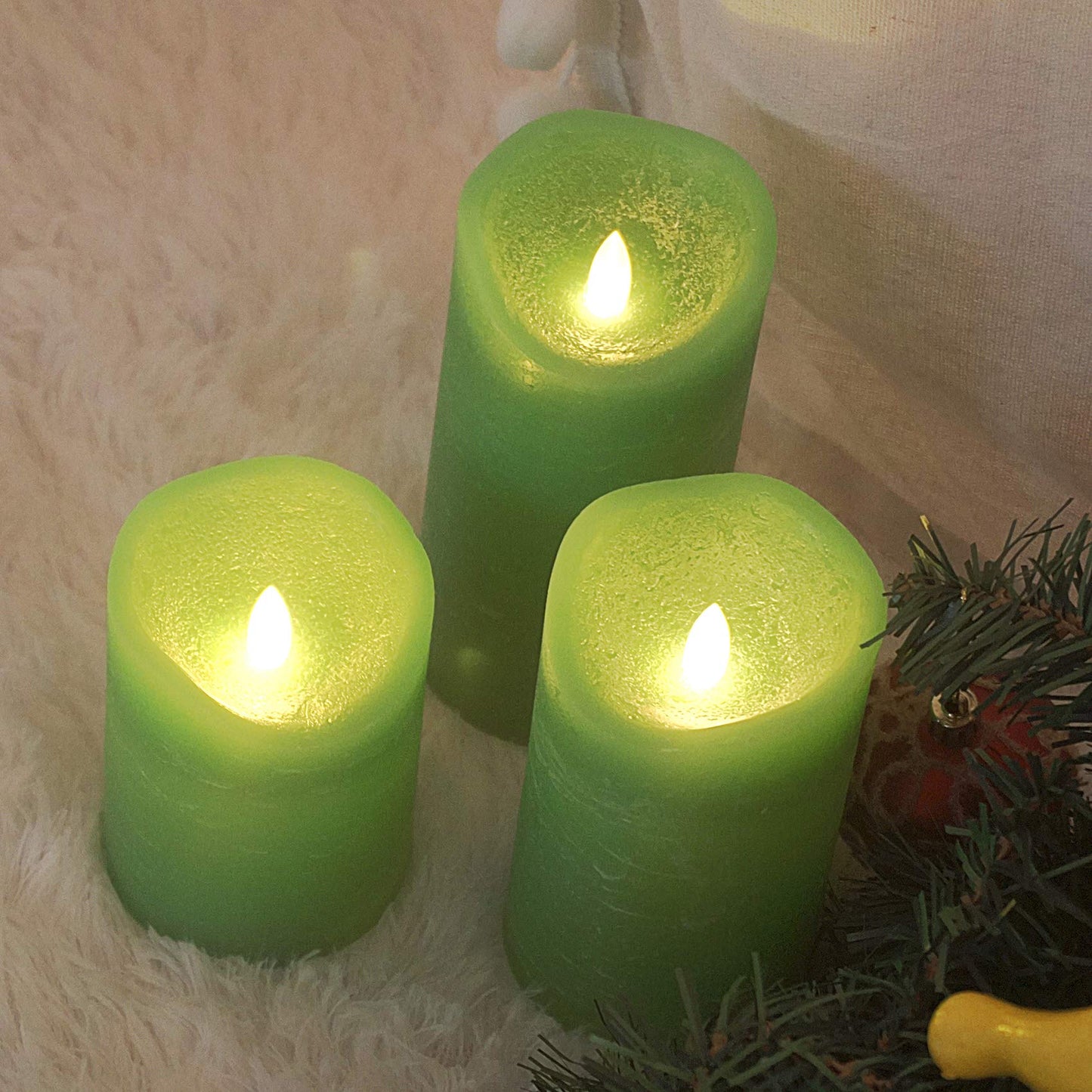 EZiGarden 3 Pack Flameless LED Candles Battery Operated Real Wax with Timer for Home Decorations Wedding Party Festival Celebration Green