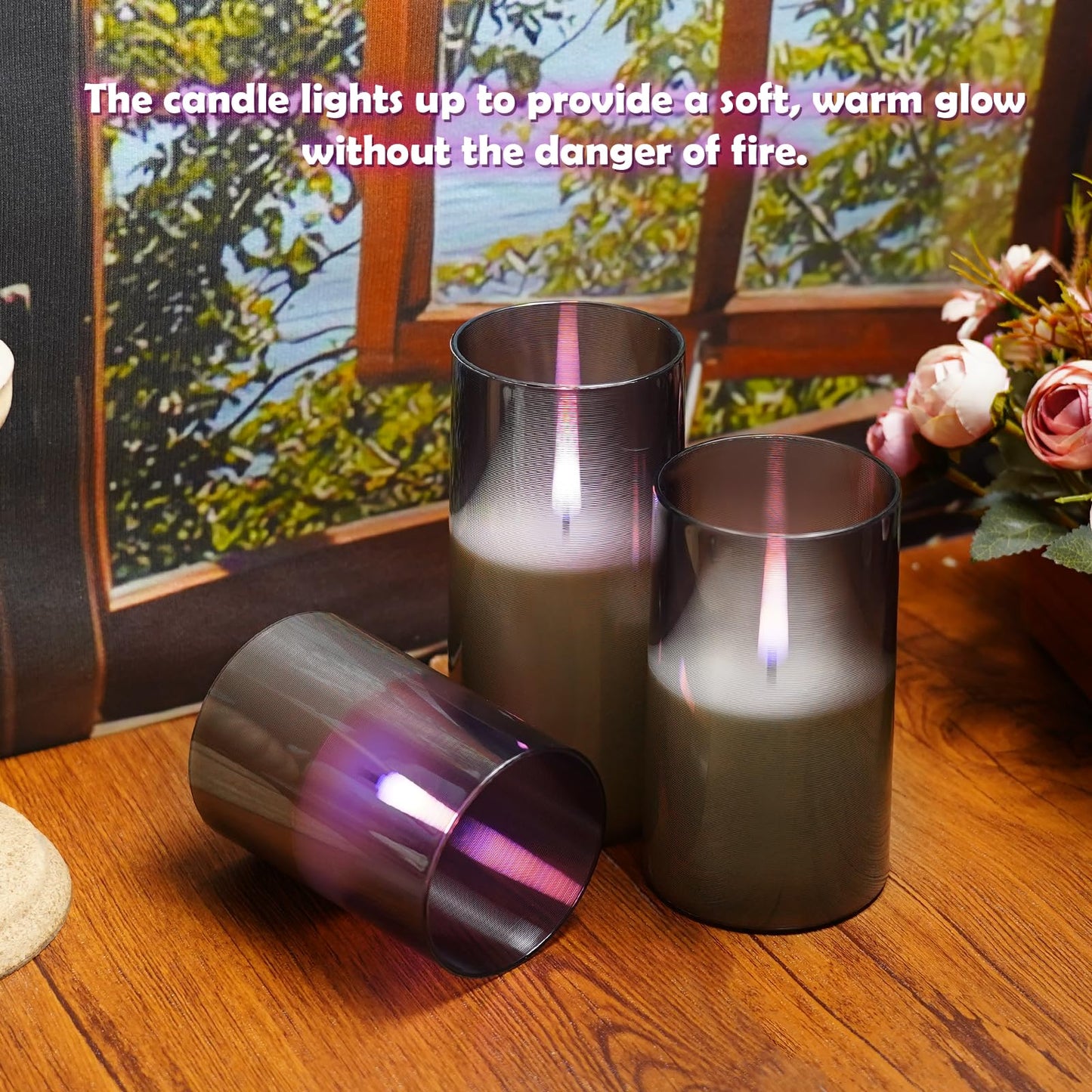 kakoya Flameless Candles Upgraded Realistic Flickering Flame,Battery Operated LED Candles with Remote Timers,Acrylic Electric Candles Set of 3(D 3" xH 4" 5" 6")（Grey）