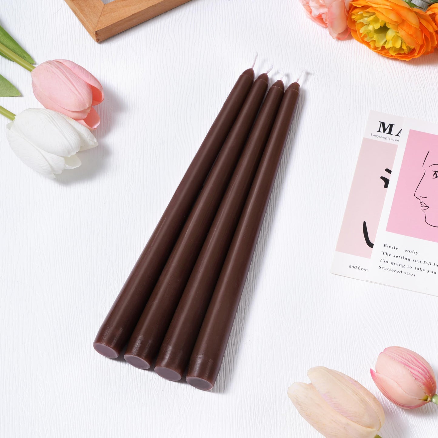 Everymoment Mocha Brown Taper Candles - 12 Pack 10 Inch Unscented Dripless & Smokeless Candlesticks - 8 Hours Tall Candle Sticks - Perfect for Wedding Romantic Dinner Holiday Party Home Decor