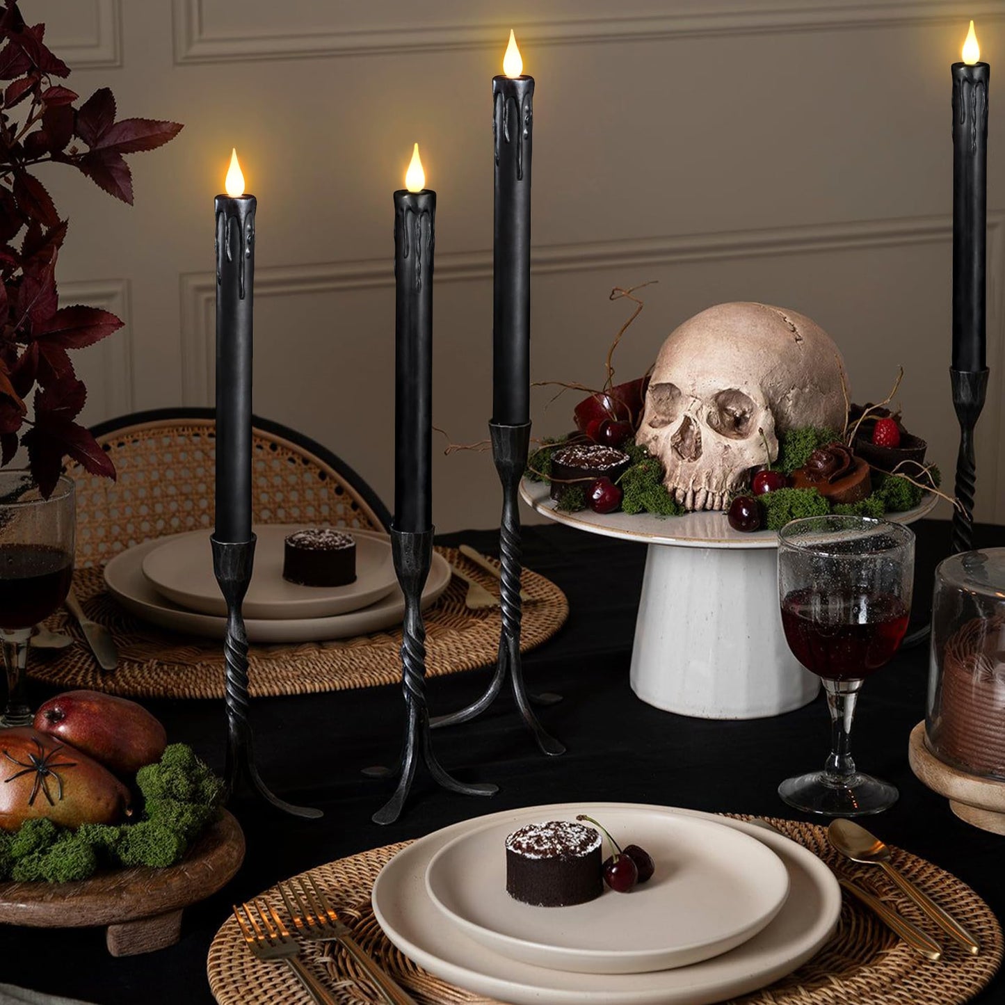 yunsheng 6Pcs Black Flameless Taper Candles with Remote Timer, 9.5 Inches Real Wax Battery Operated LED Candles, 3D Wick Warm White Flickeing Candle for Halloween Party Home Decor