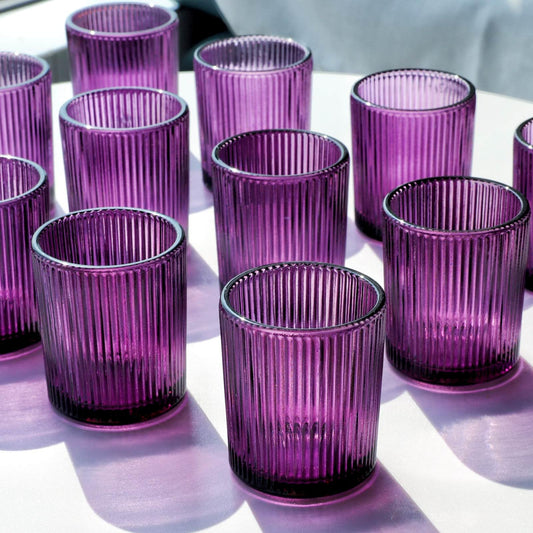 VOHO 12pcs Purple Votive Candle Holders for Christmas Holiday Decorations, Vintage Glass Votive Candle Holder for Coffee Table Centerpiece, Ribbed Tealight Candle Holder for Birthday Gifts