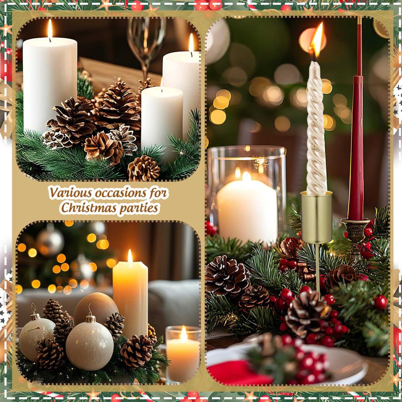 DECHOUS 5Pcs Christmas Taper Candle Holder Stakes Metal Golden Candlestick Holders with Spike Candle Cup Stakes for Xmas Table Decor Holiday Wedding Party Favor