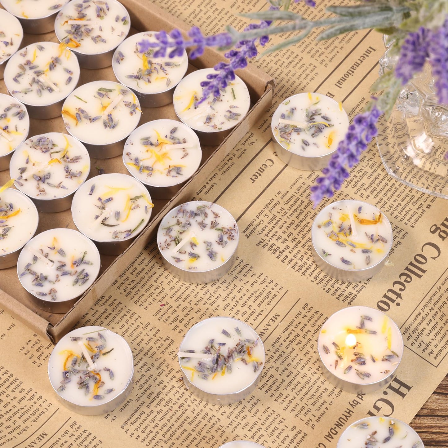 Lavender Scented Tealight Candles 16 Pack - 4-Hour Palm Wax White Tea Lights, Plant Dried Flower Scented Tea Candle (Paraffin-Free), Votive Candles for Home/Yoga/Bath/Meditation