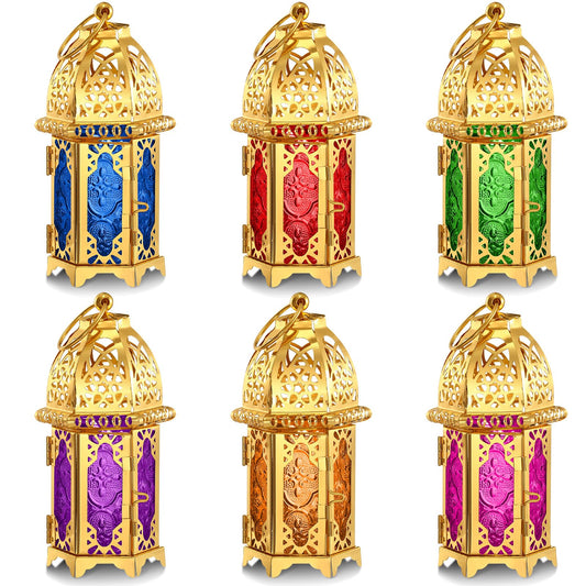 Mumufy 6 Pcs Moroccan Lanterns Ramadan Lantern Eid Decorations for Home Gold Lamp Decor Vintage Decorative Eid Mubarak Hanging Candle Lantern for Party Decor Indoor Outdoor (Gold)