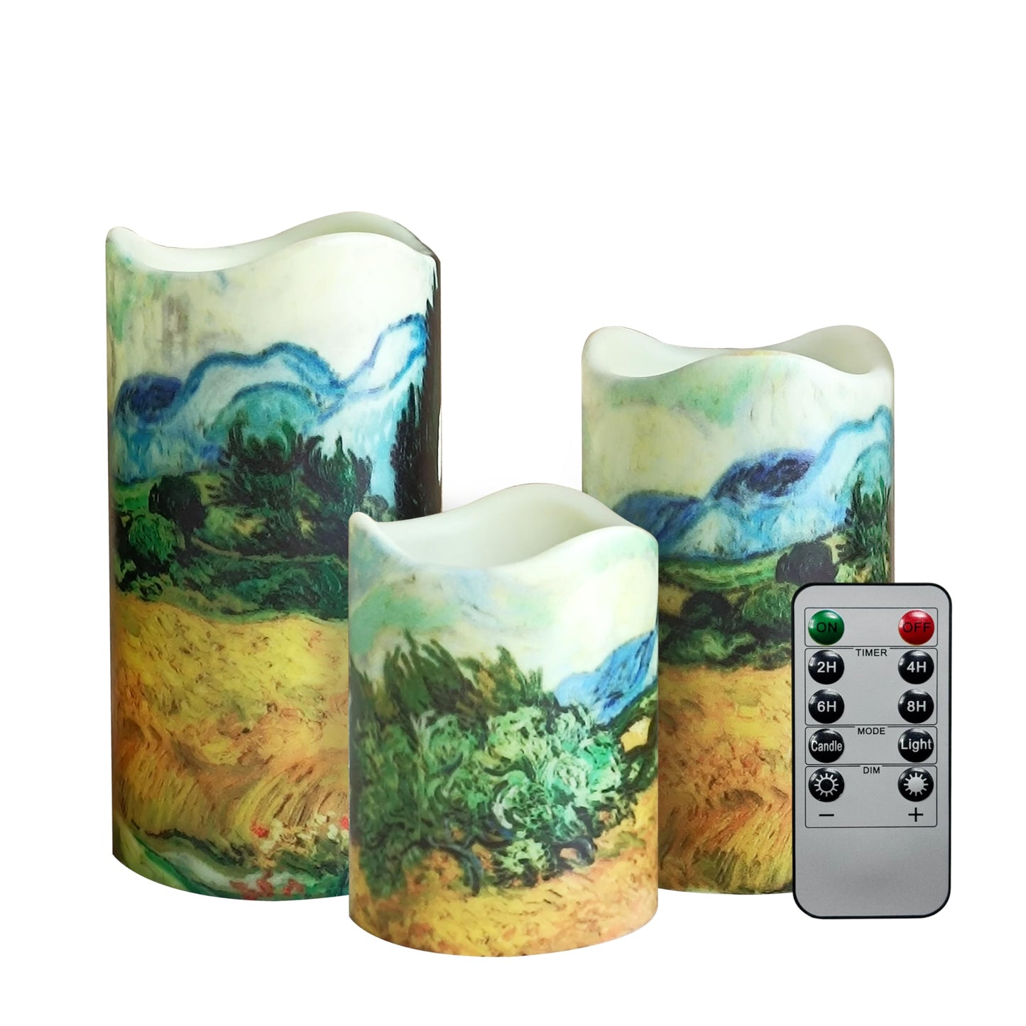 NjaoHoo Flameless Candles 4" 5" 6" Set of 3 Indoor Outdoor Pillars Battery Operated Flickering Candles 10-Key Remote Timer Van Gogh Art Painting Style(Wheat Fields Printed)