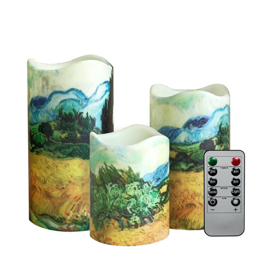 NjaoHoo Flameless Candles 4" 5" 6" Set of 3 Indoor Outdoor Pillars Battery Operated Flickering Candles 10-Key Remote Timer Van Gogh Art Painting Style(Wheat Fields Printed)