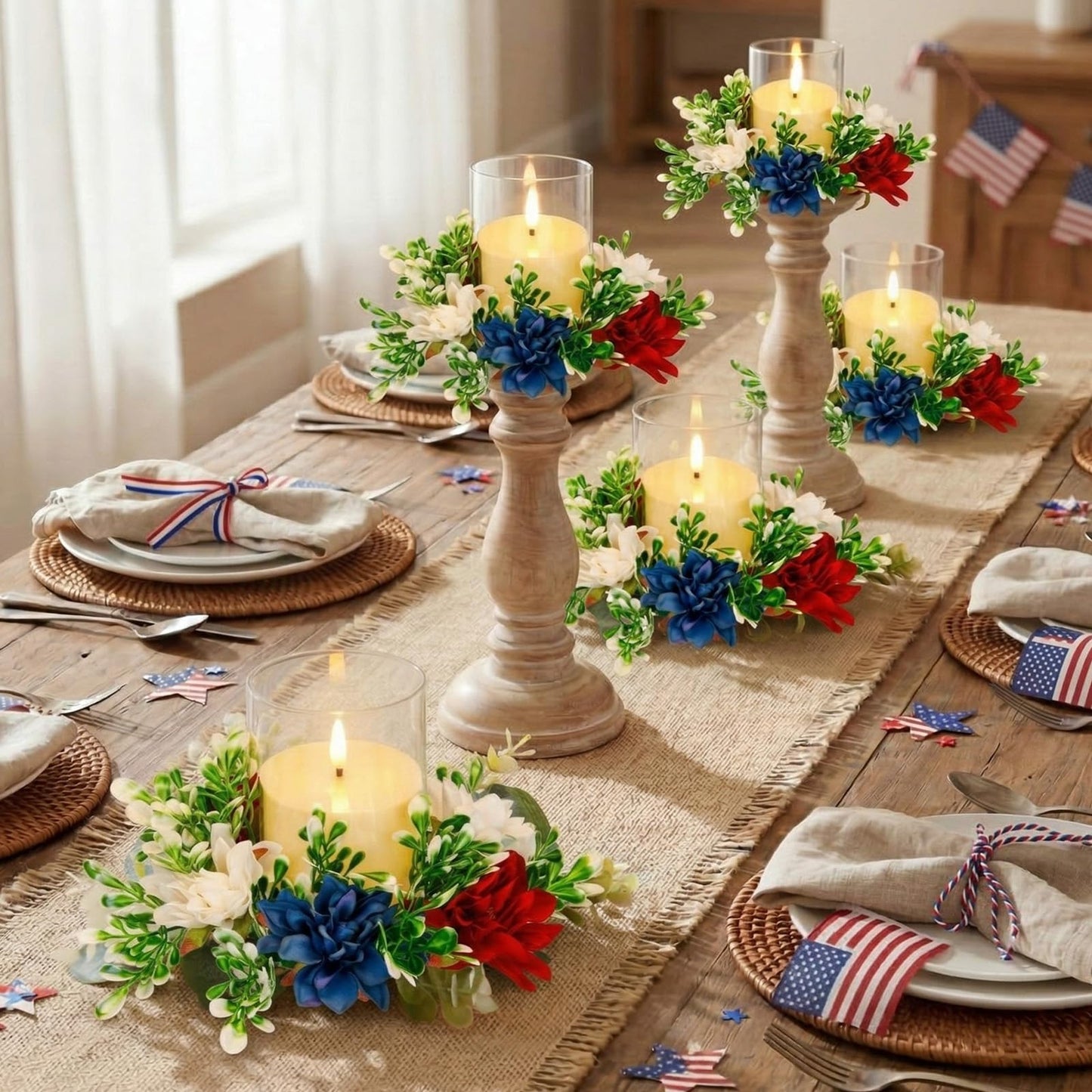 Yunlly 4 Pcs Artificial Dahlia Candle Rings Wreaths, Patriotic Red White and Blue Floral Rings Holders with LED Flameless Candles for 4th of July Independence Day Memorial Day Table Centerpiece