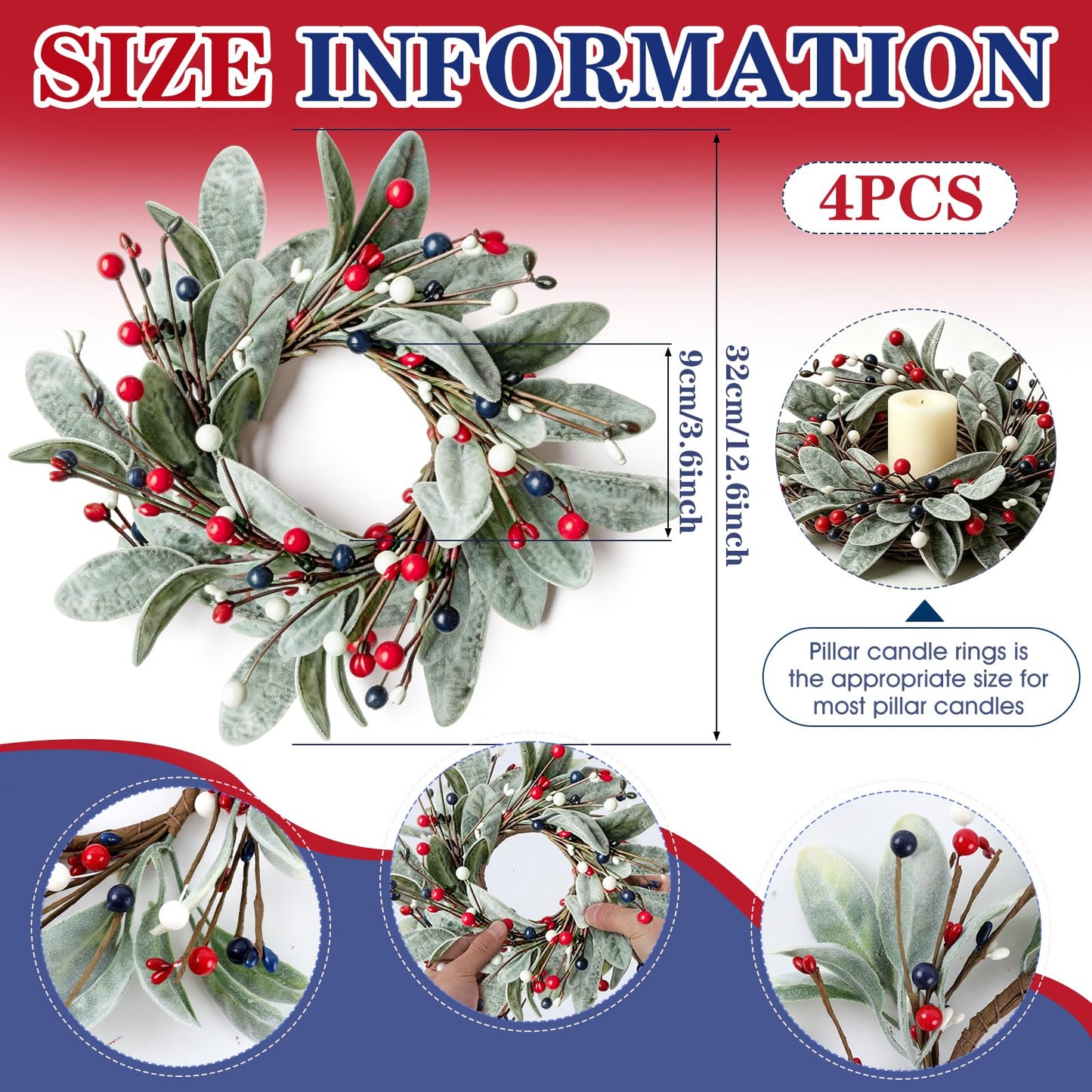 4 PCS Patriotic 4th of July Candle Rings Wreaths Independence Day Candle Rings Holder with Red White Blue Berries & Lamb's Leaves Mini Memorial Day Labor Day Wreath for Home Table Centerpiece Decor