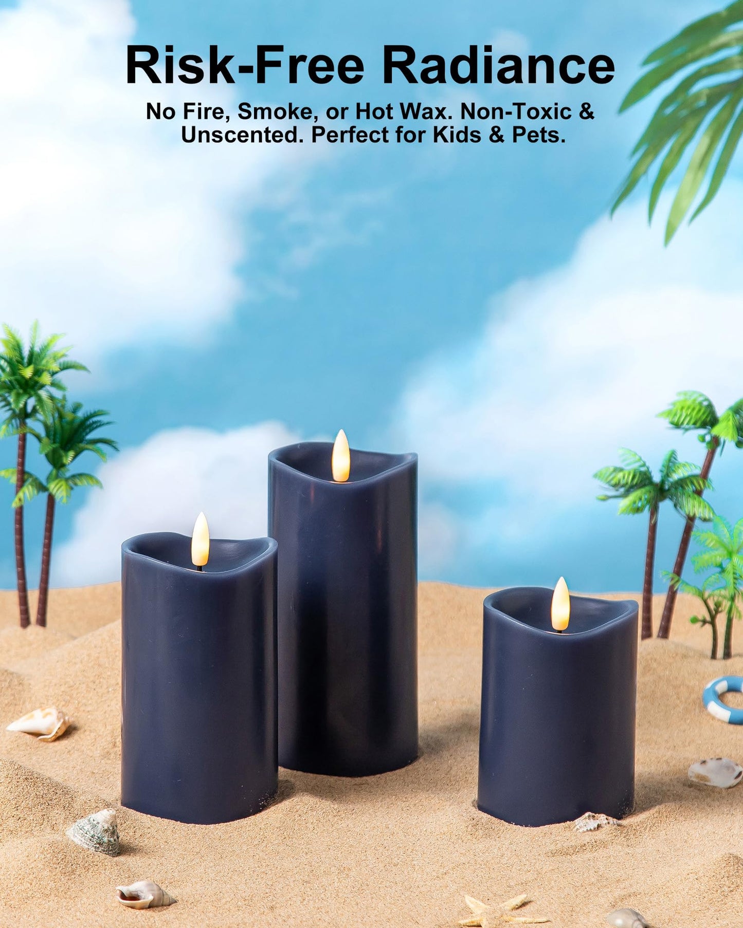 Velsyn Navy Blue Flameless Candles with Remote and Timer, Real Wax Made LED Pillar Candles Battery Operated with 3D Flickering Flame Melted Top, 3" x 4",5",6", Navy Blue Decor, Set of 3