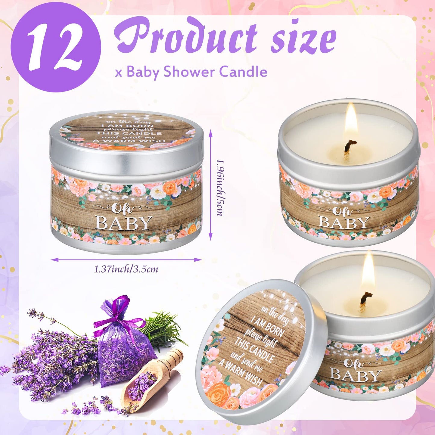 Funtery 12 Pcs Baby Shower Party Favors for Guests Baby Shower Candles Lavender Scented Candle Rustic Tealights Candles Gender Reveal Return Gifts(Flower)