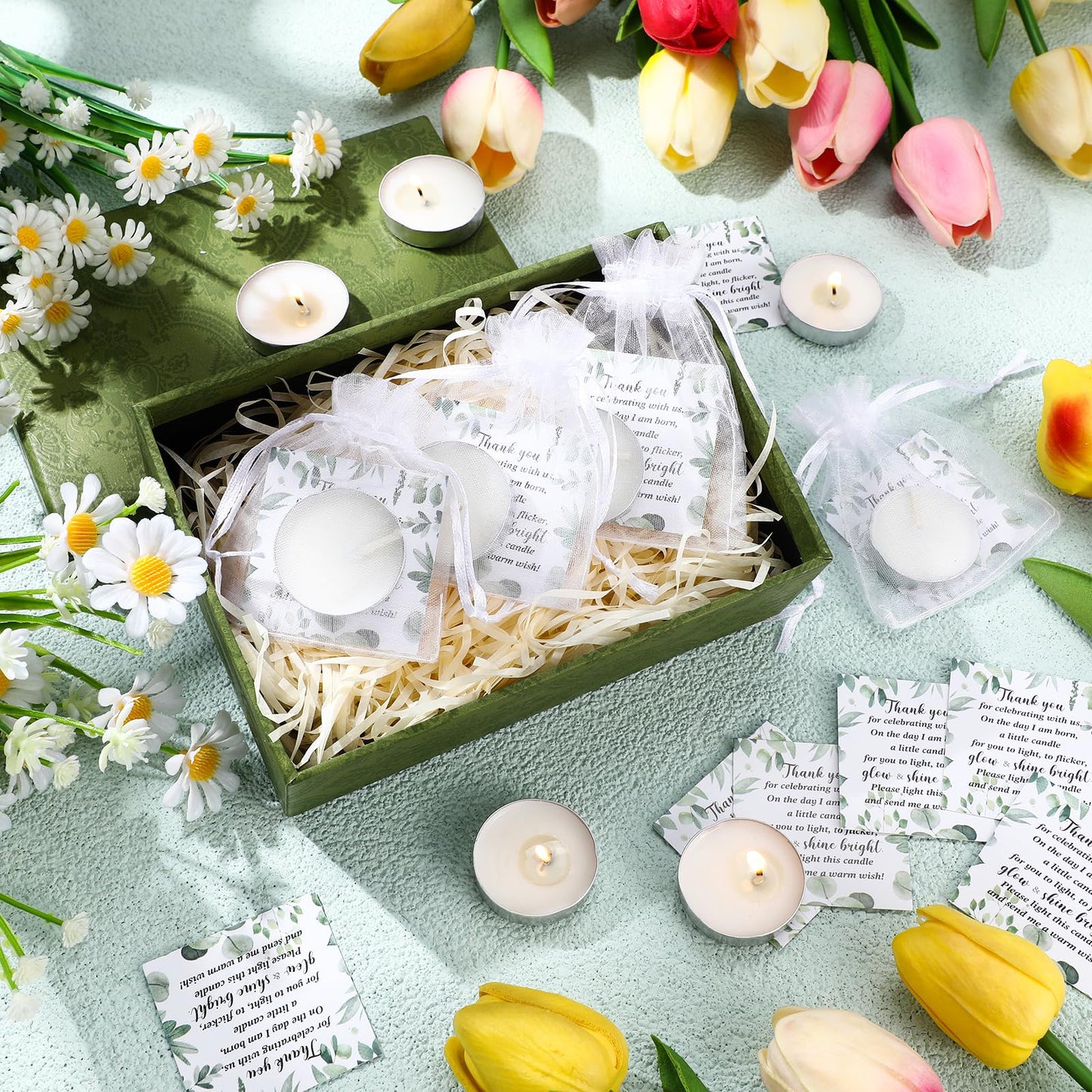 MTLEE 50 Sets Baby Shower Party Favors Candles Including 50 Pcs Tealight Candles Thank You Cards Baby Shower Bags for Guests Prizes Gender Reveal Party Decorations(White,Eucalyptus)