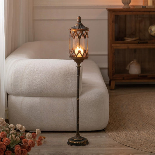 NOONEAU Vintage Floor Candelabra - 37.1" Tall Antique Gold Candle Holder with Glass Lantern, Rustic Gothic Metal Pillar Stand for Home Decor, Wedding & Event Centerpiece