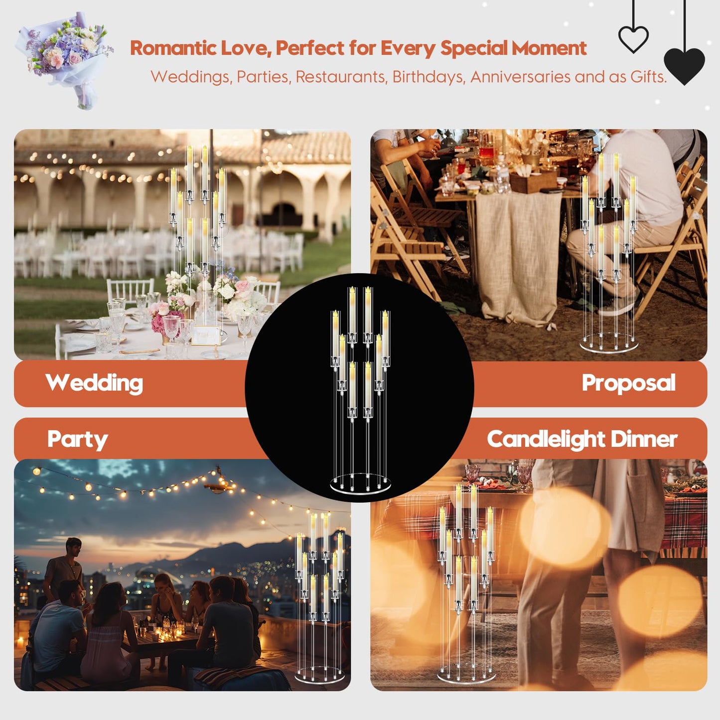 2 Sets 8 Arm Acrylic Candle Holder with Candles, Mjkeomo 38.5'' Tall Candelabra Centerpieces for Tables Clear Candlesticks Holder for Housewarming Gift Fireplace Dinner Halloween Christmas Decor