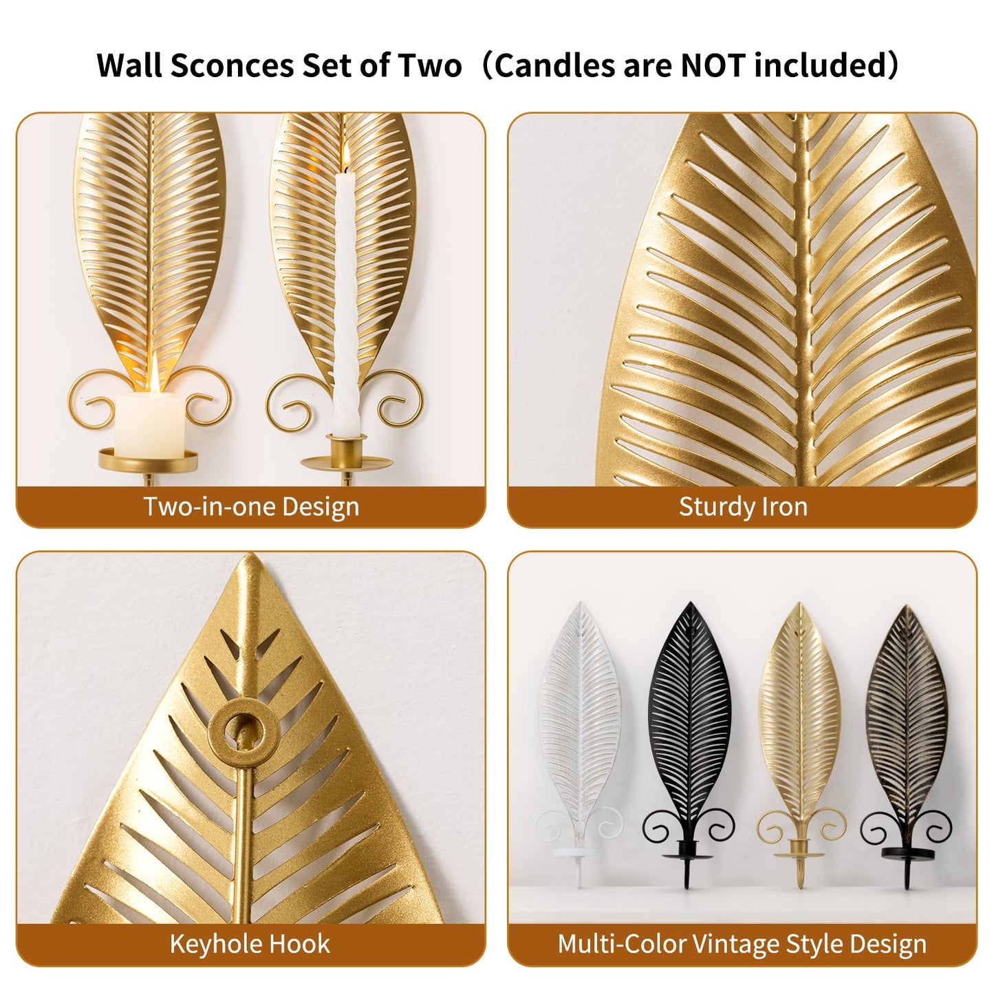 Gold Wall Candle Sconces Set of 2, Taper & Pillar Wall Iron Candelabra, Metal Golden Leaf Decor Sconce for Entryway Stair Corner Living Room, Farmhouse Fireplace,Gifts for Men Women Mom or Dad(Gold)