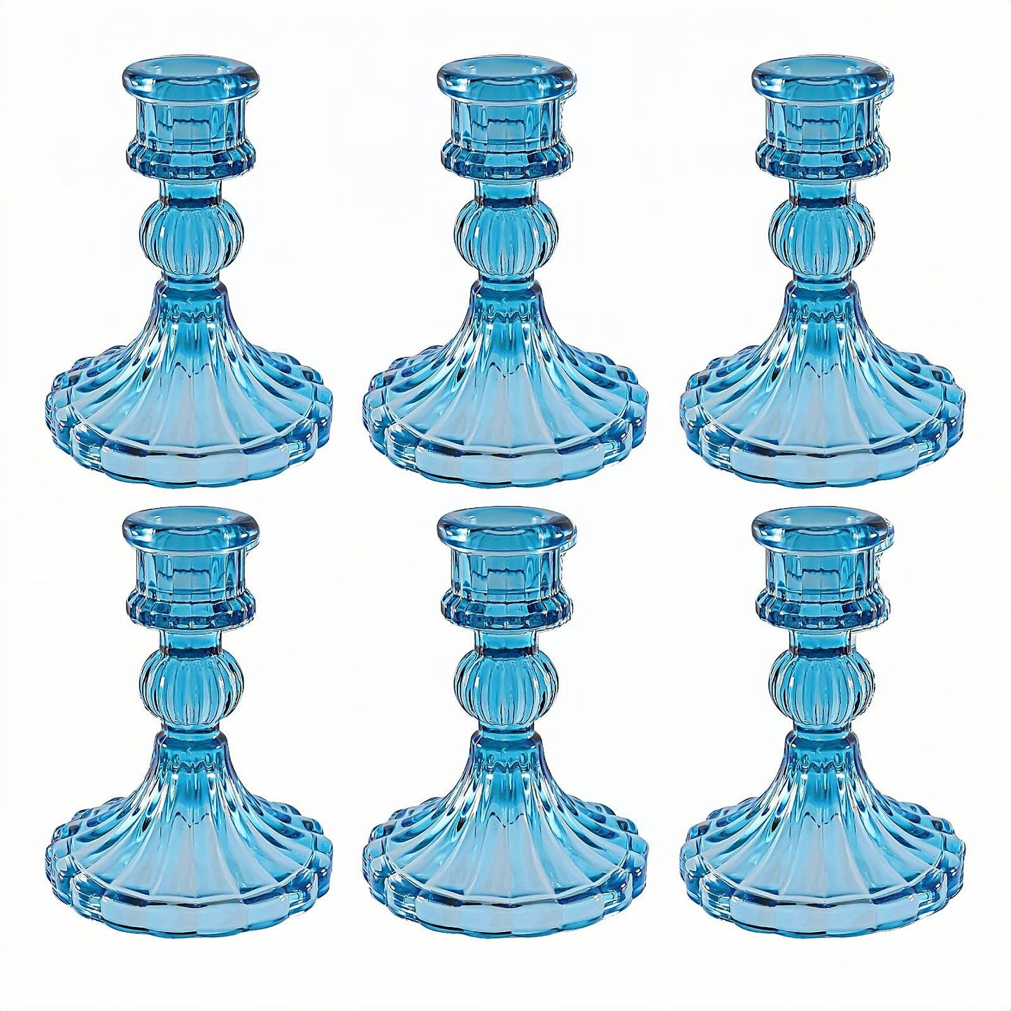 ECHFSM Glass Candlestick Holder,Striped Taper Candle Holders,Set of 6 Candle Stand for Table Centerpieces, Home Decor,Weddings,Festival and Parties (Blue Stripe Pattern)