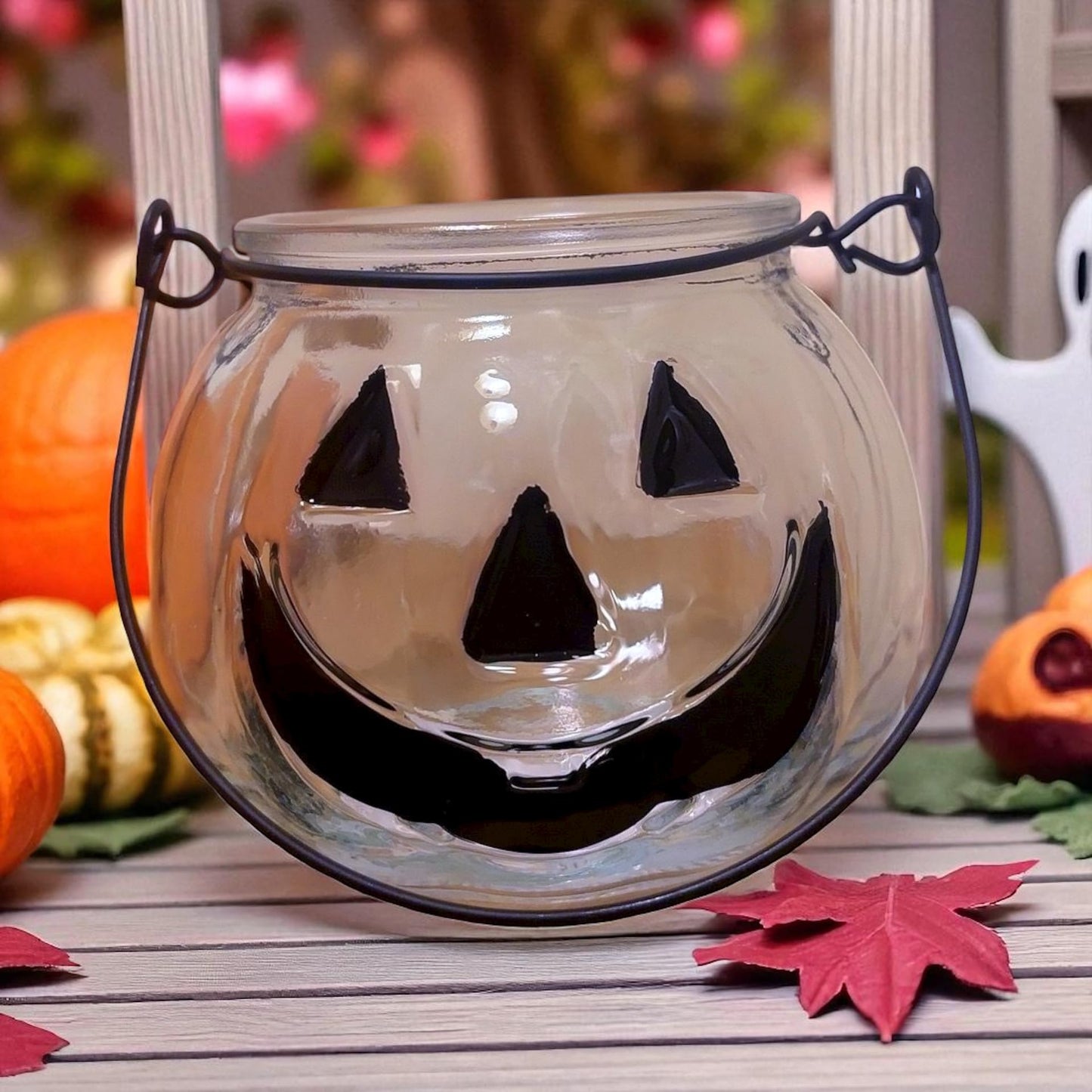 Halloween Glass Pumpkin Lantern, Clear Mason Jar with Handle, Jack O'Lantern Design