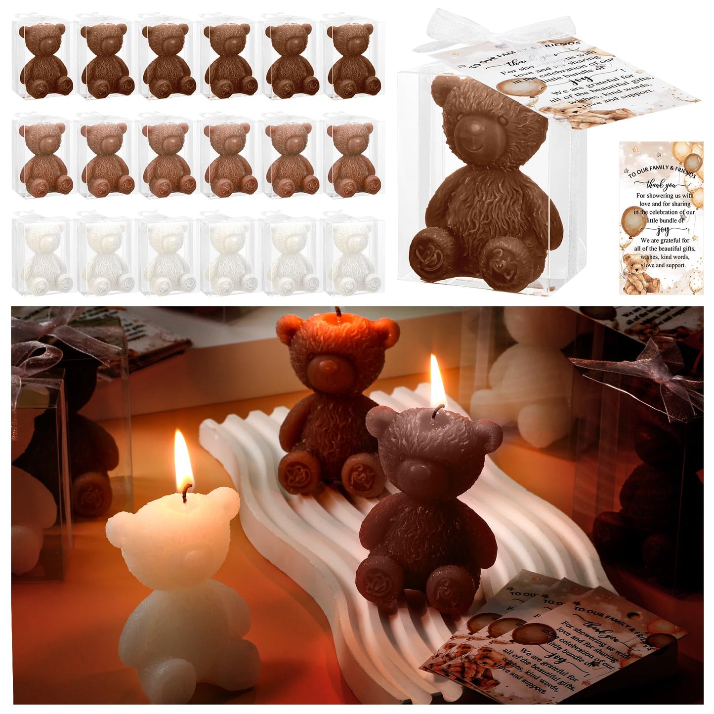 Threlaco 30 Sets Baby Shower Favor for Guests Large Bear Shaped Candles Bulk 2.95 x 2.36 Inch Bear Candles with Thank You Cards White Ribbons Clear PVC Boxes for Boys Girls Gender Reveal(Brown Series)