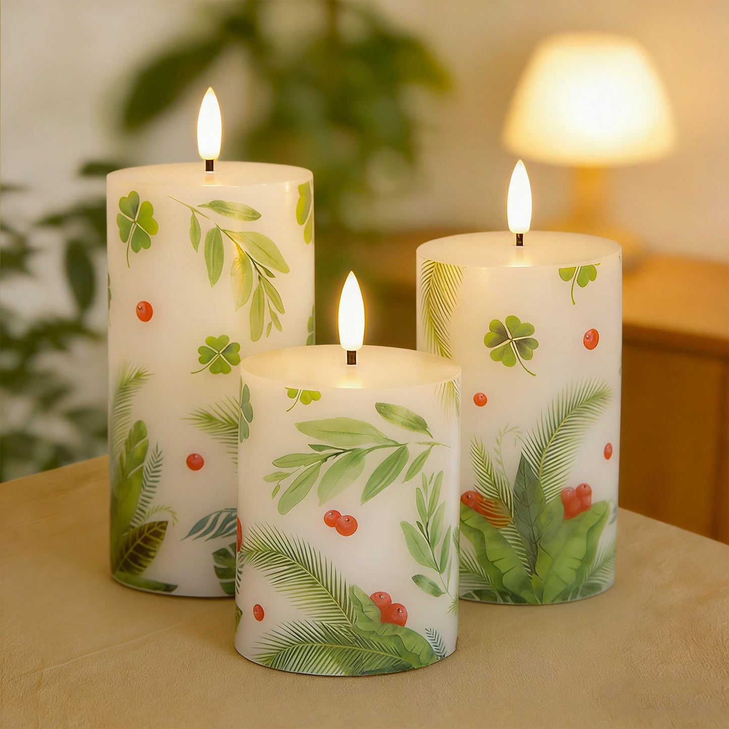 JOIONE Flameless Pillar Candles with Remote, 3 Pack Battery Operated Real Wax Green LED Candles, Perfect for Spring Summer Home Decorations Fireplace Table, Shamrock