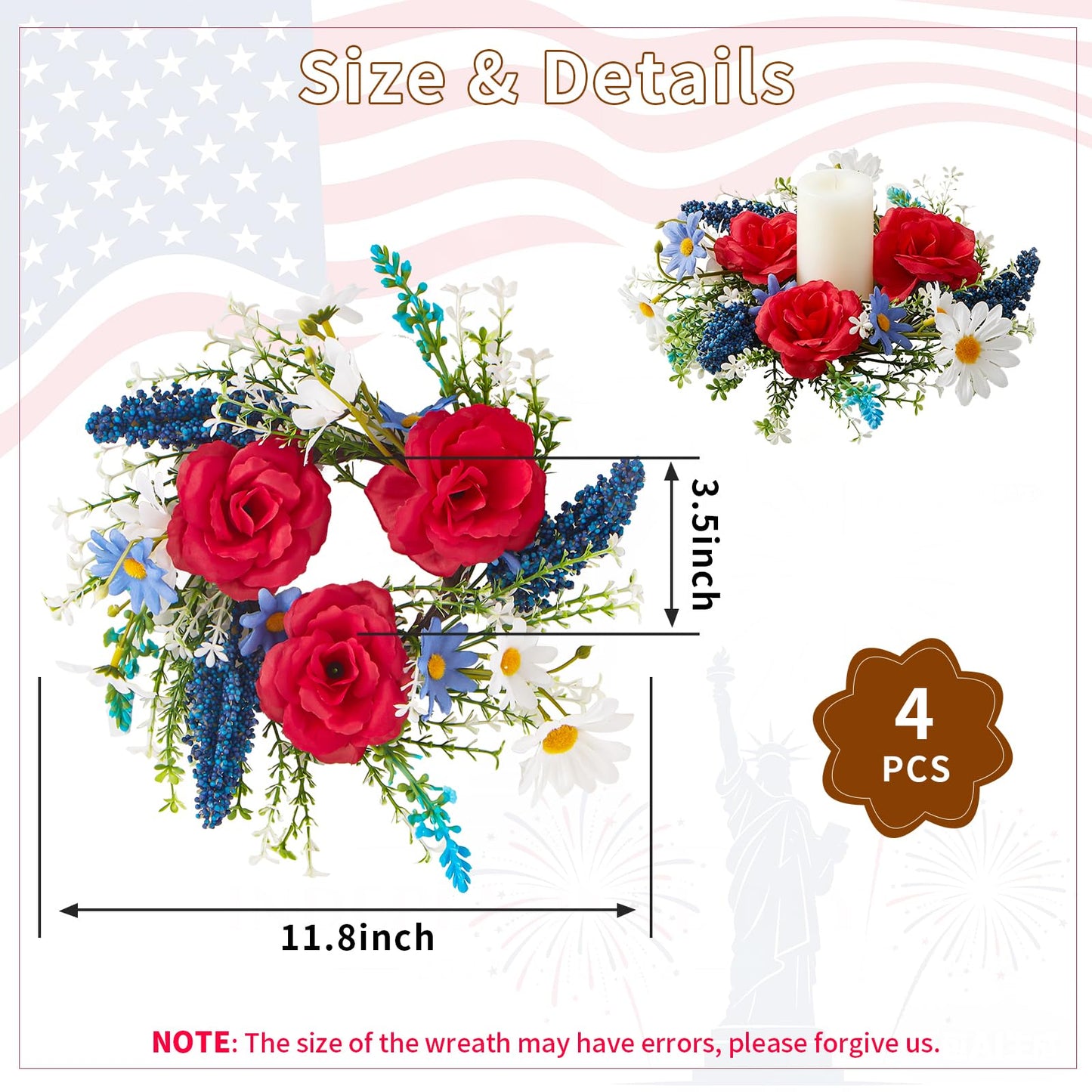4th of July Candle Ring Wreath 4Pcs, 11.8 Inch Small Patriotic Wreath, Mini Artificial Rose Lavender Daisy Wreath, Tabletop/Candle Ring Decor for Home Front Door, Porch, Wall, Window, Cabinets
