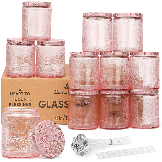 LumaCraft Luxury Embossed Glass Candle Jars for Making Candles - 12 Pack Empty Candle Containers with Airtight Metal Lids, 20 Wicks & 20 Stickers, Colored Glass Jars for Gifts & Decor-8OZ