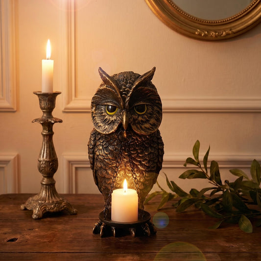 Gothic Home Decor Owl Candle Holder Tealight Stand Resin Statue for Living Room Bedroom Halloween Spooky Ornaments Unique Bird Decor Gold