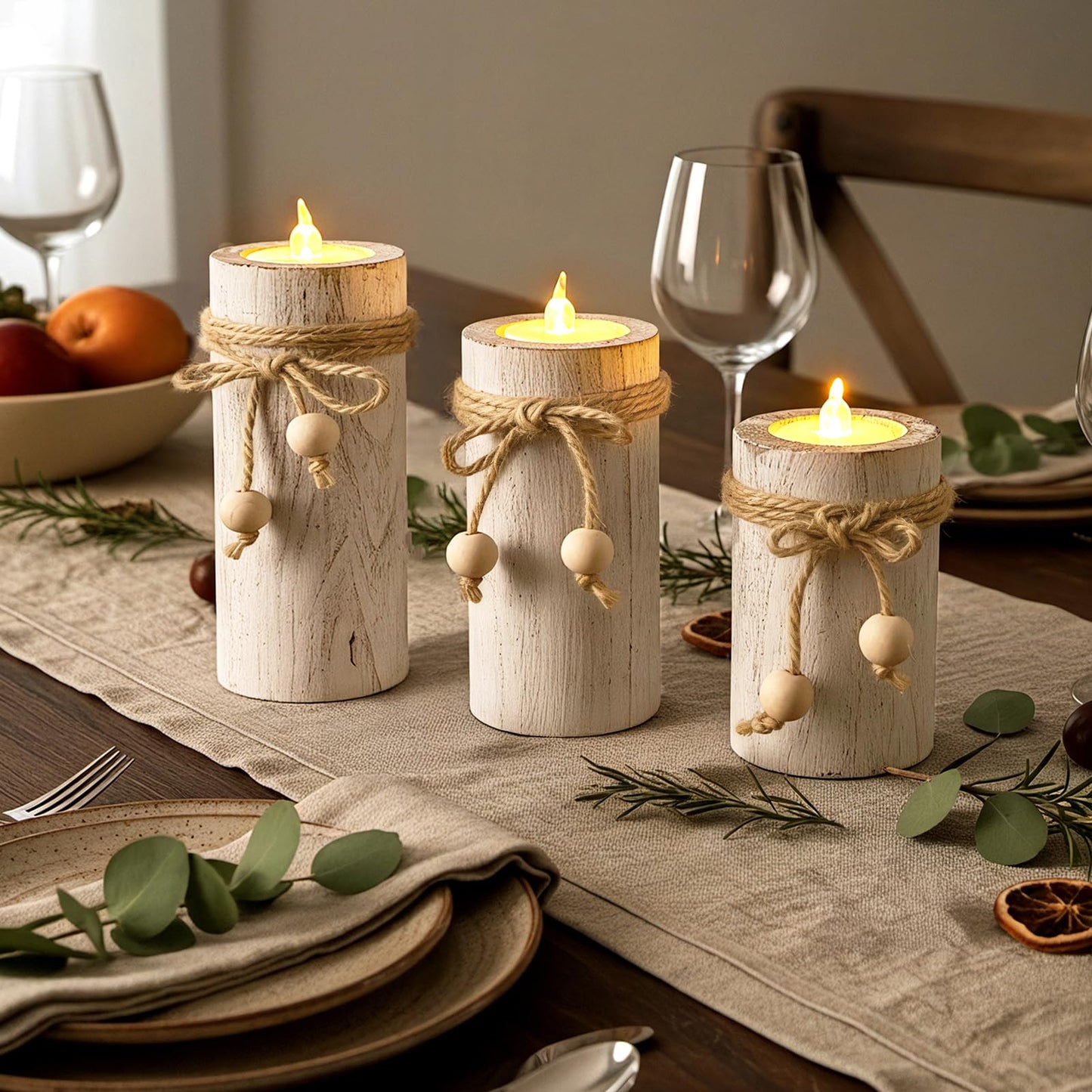MelonBoat White Pillar Candle Holder:Farmhouse Candle Holders with Battery Operated Candles, Farmhouse Decor with Flameless LED Candles, Wood Centerpieces for Table 3-Pack for Holiday Party Home Decor