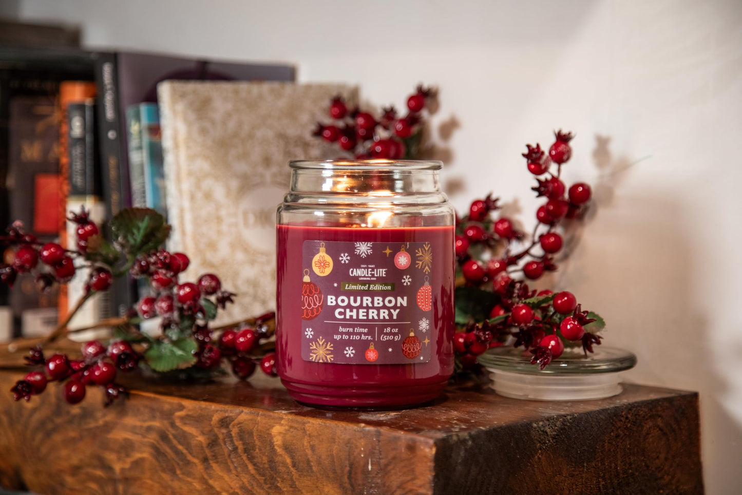 Candle-lite Holiday Scented Candles, Bourbon & Maraschino Cherry with Almond, 18 oz Single-Wick Jar, Proudly Poured in USA, Christmas Home Decor, 110 Hours of Burn Time, Holiday Gift for Men and Women