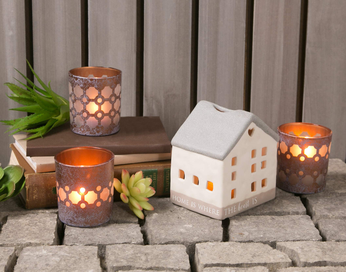 Pavilion - Bronze and Purple Sponge Patterned Frosted Glass Set of 3 Patterned Tealight Candle Holders