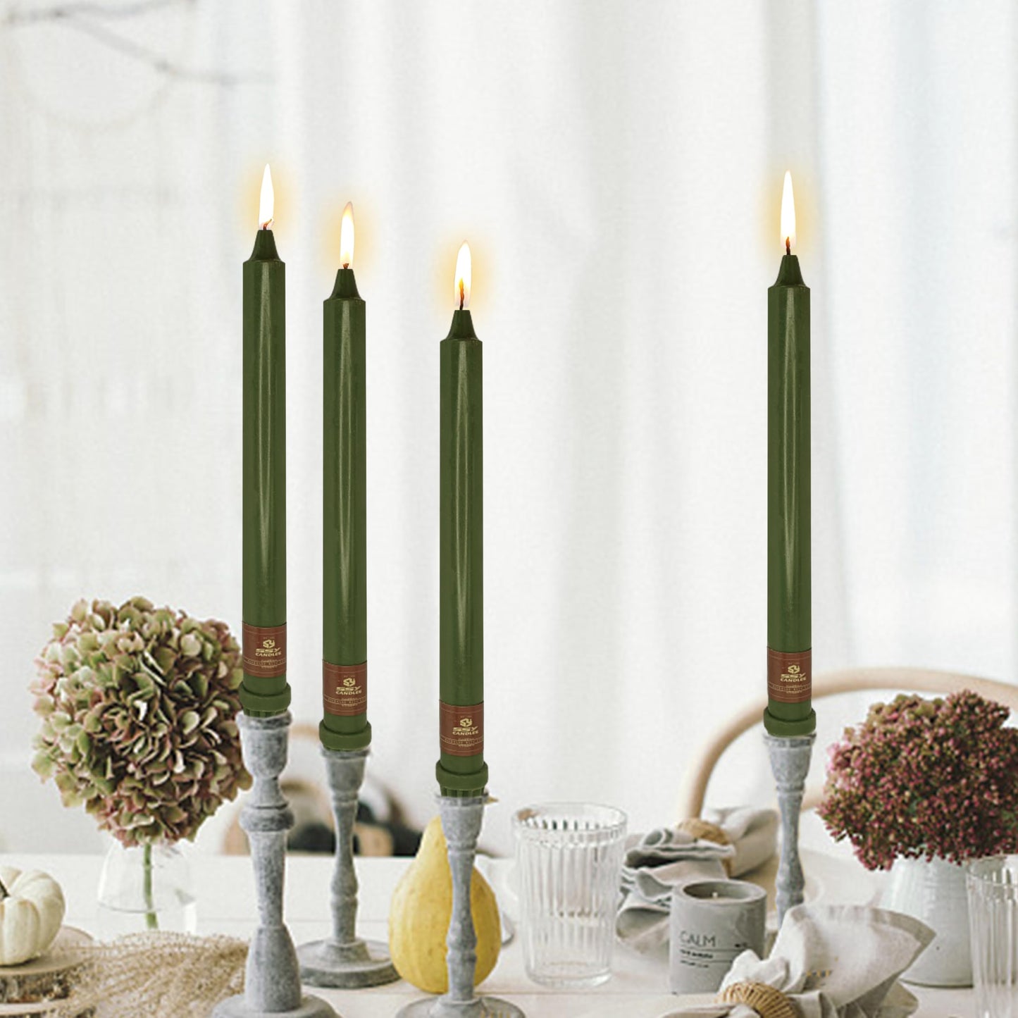 Olive Green Taper Candle 10 Inch Long Candlesticks Unscented Dripless Tapered Candle Set for Home Decor Wedding Party Dinner Candles, 4 Pack