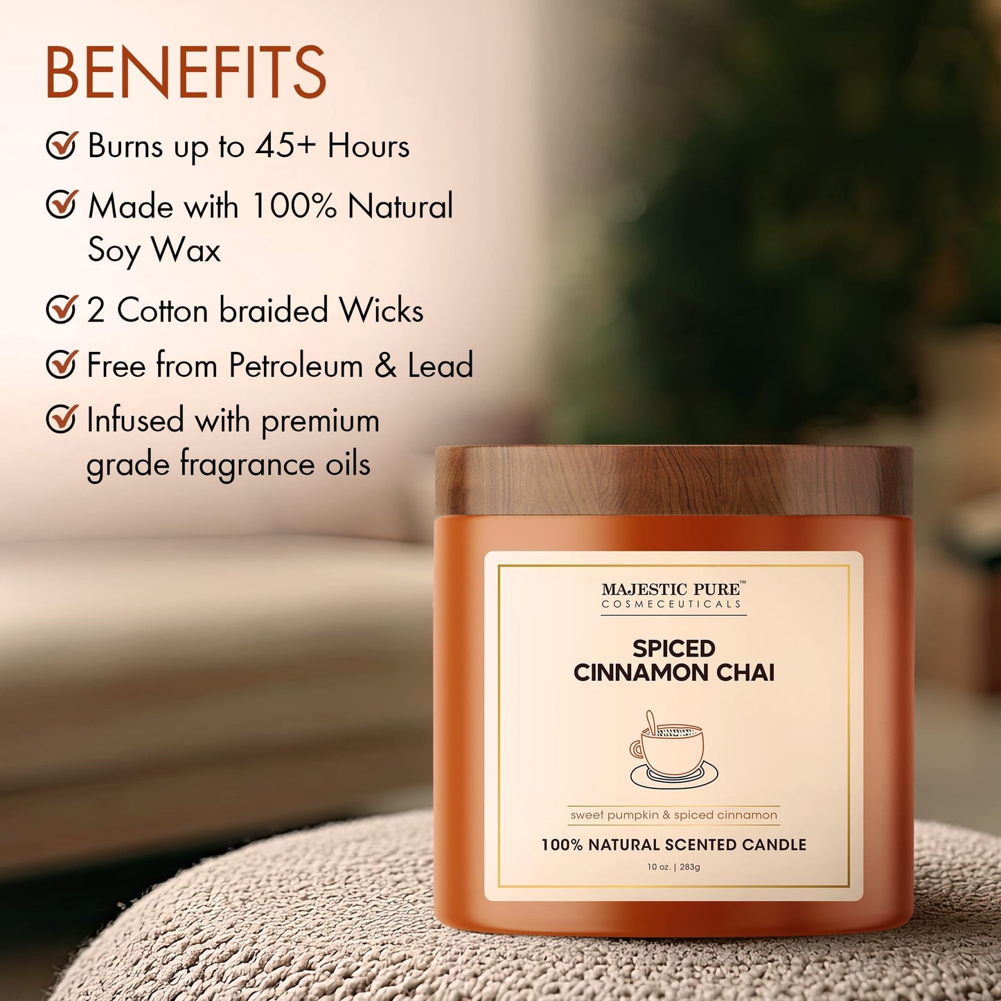 Majestic Pure Pumpkin Cinnamon Scented Candle with Upto 45+ Hrs Burn Time, 2-Wick Candle, Soy Wax Blend for Cleaner Consistent Burn, 10 oz Jar Candle with Room Filling Fragrance, Spiced Chai