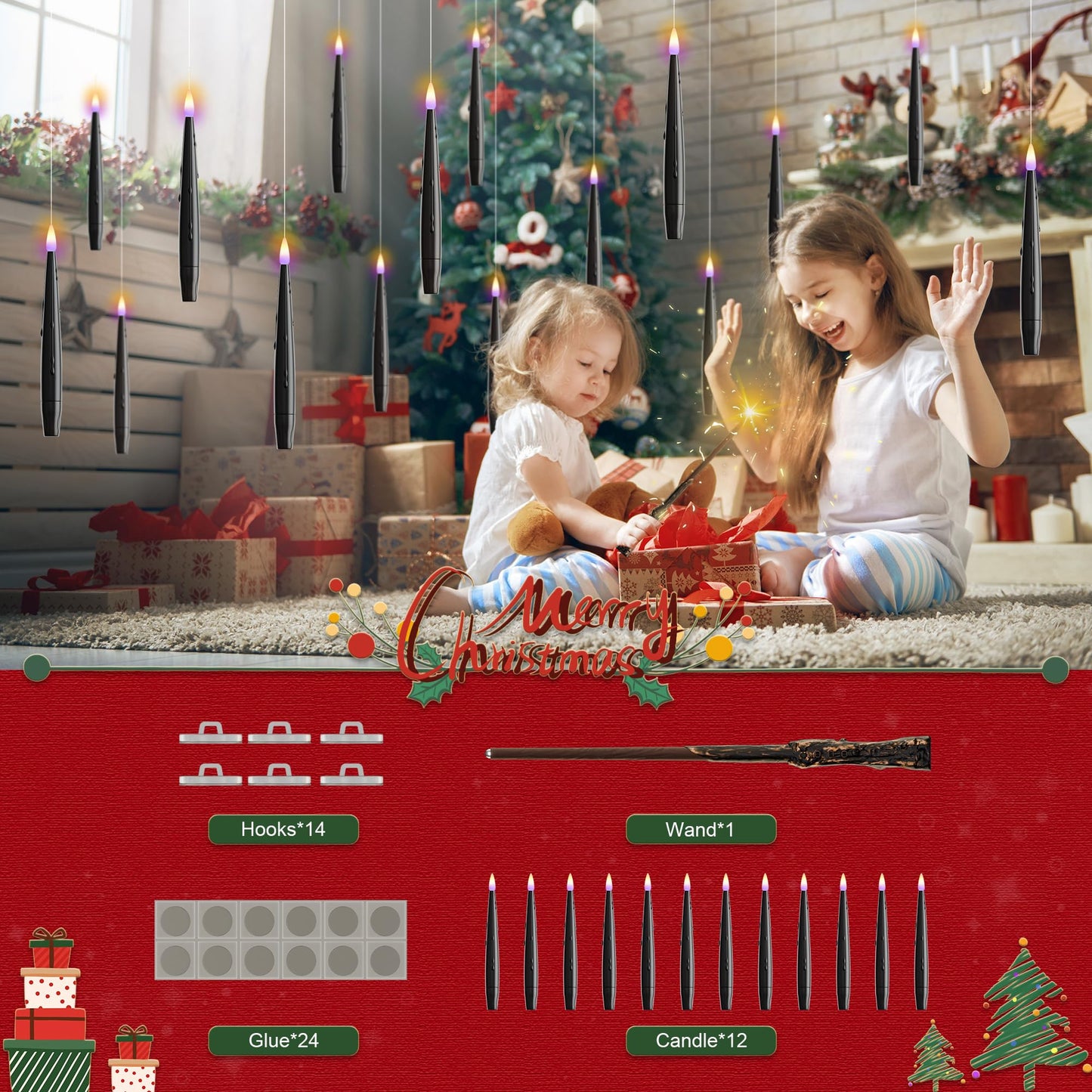 JOIONE Floating Candles with Wand, 12 Pack Hanging Candles with Magic Wand Remote, Battery Powered Floating Candles with Wand, Flameless Magic Hanging Taper Candles for Xmas Halloween Decor, Black