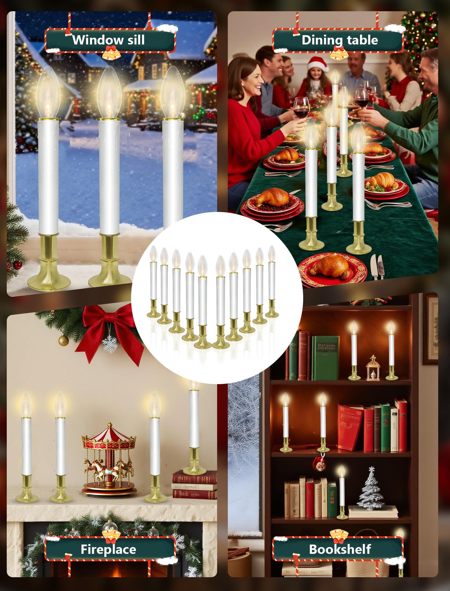 10 Pack Ultra-Bright LED Christmas Window Candles with Brass-Plated Base, Battery Operated Flameless Candles with LED C26 Warm White Bulbs Christmas Window Lights for Holiday Home Wedding Decorations
