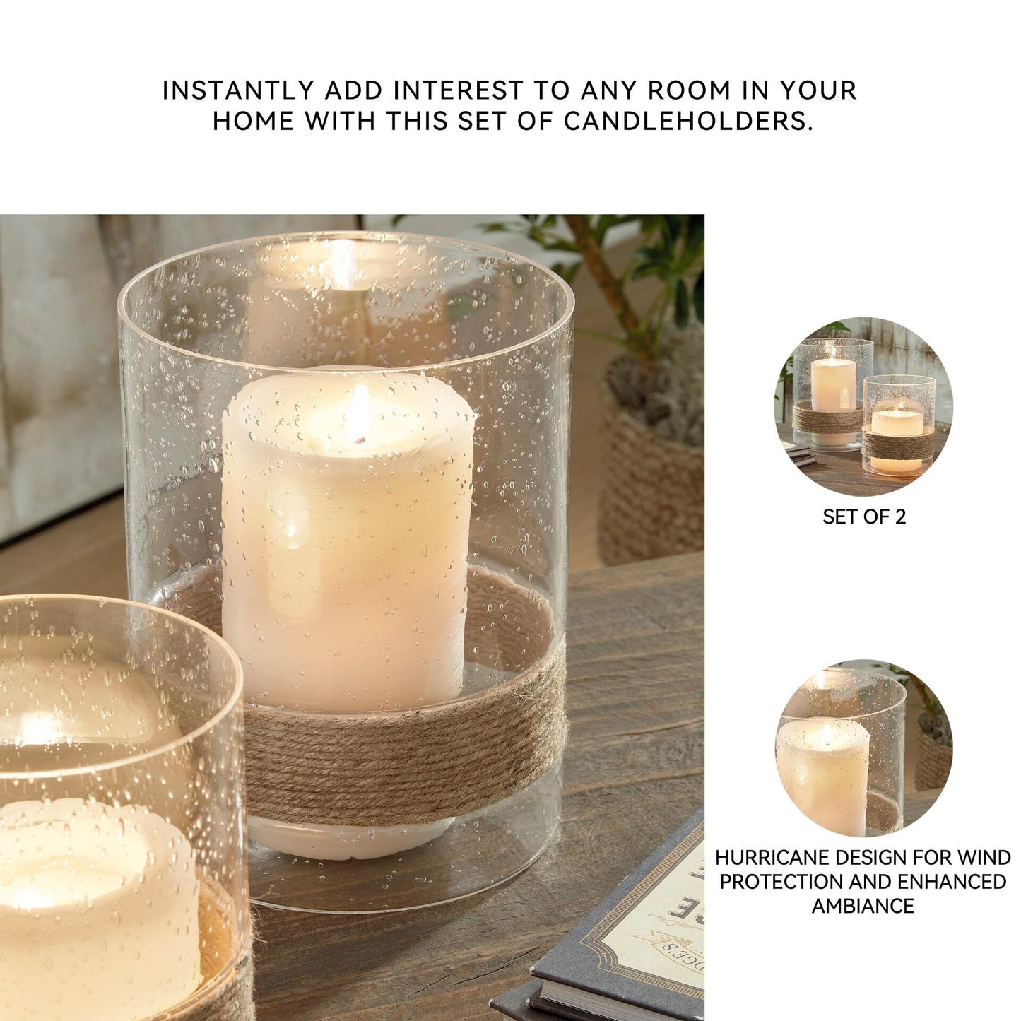 Signature Design by Ashley Eudocia Coastal 2 Piece Glass Candle Holder Set with Rope Base, Clear & Brown