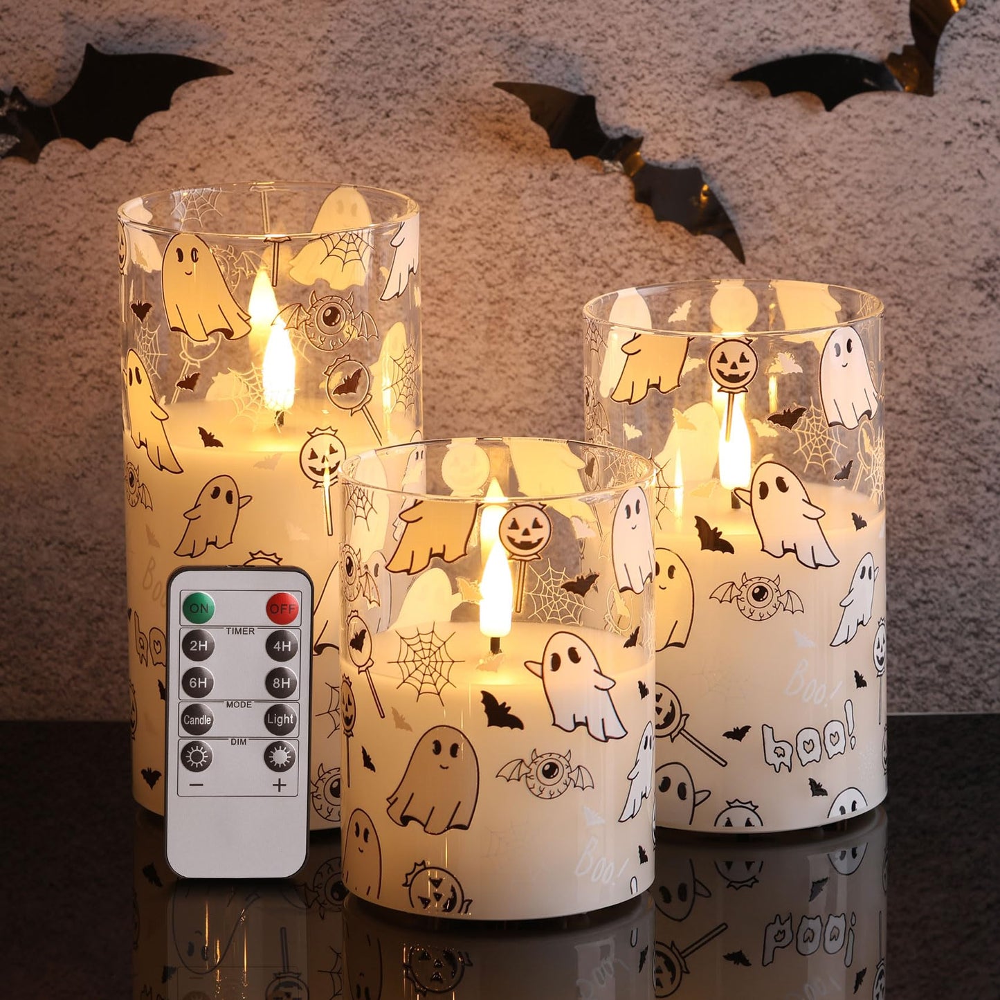 Girimax Glass Flameless Pillar Candles with Remote, Halloween Flickering LED Wax Candles Battery Powered Set of 3