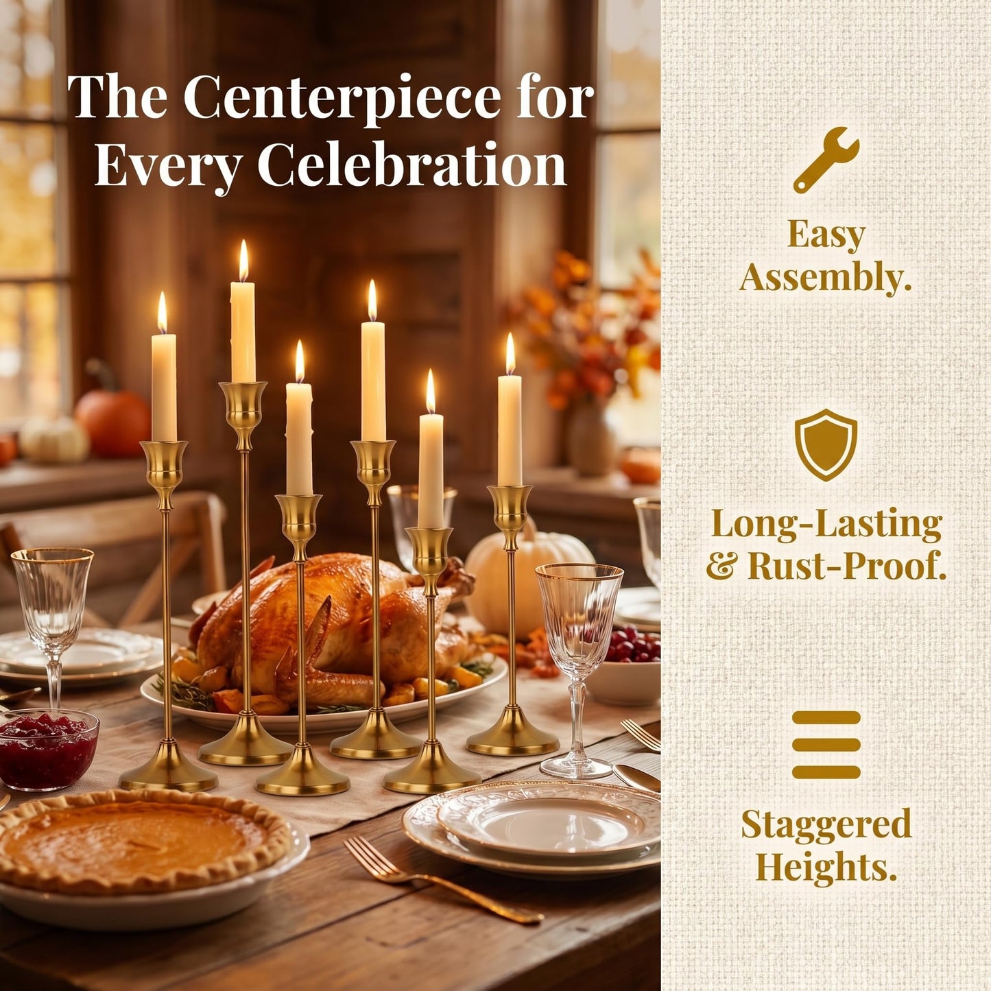 Oakernel French Gold Taper Candle Holders 4 Sets(12 Pcs) - Tall Metal Candlestick Holders for Table Centerpiece, Formal Dinner, Wedding, Fireplace Mantel Decor, Fits 3/4 Inch Thick Candles