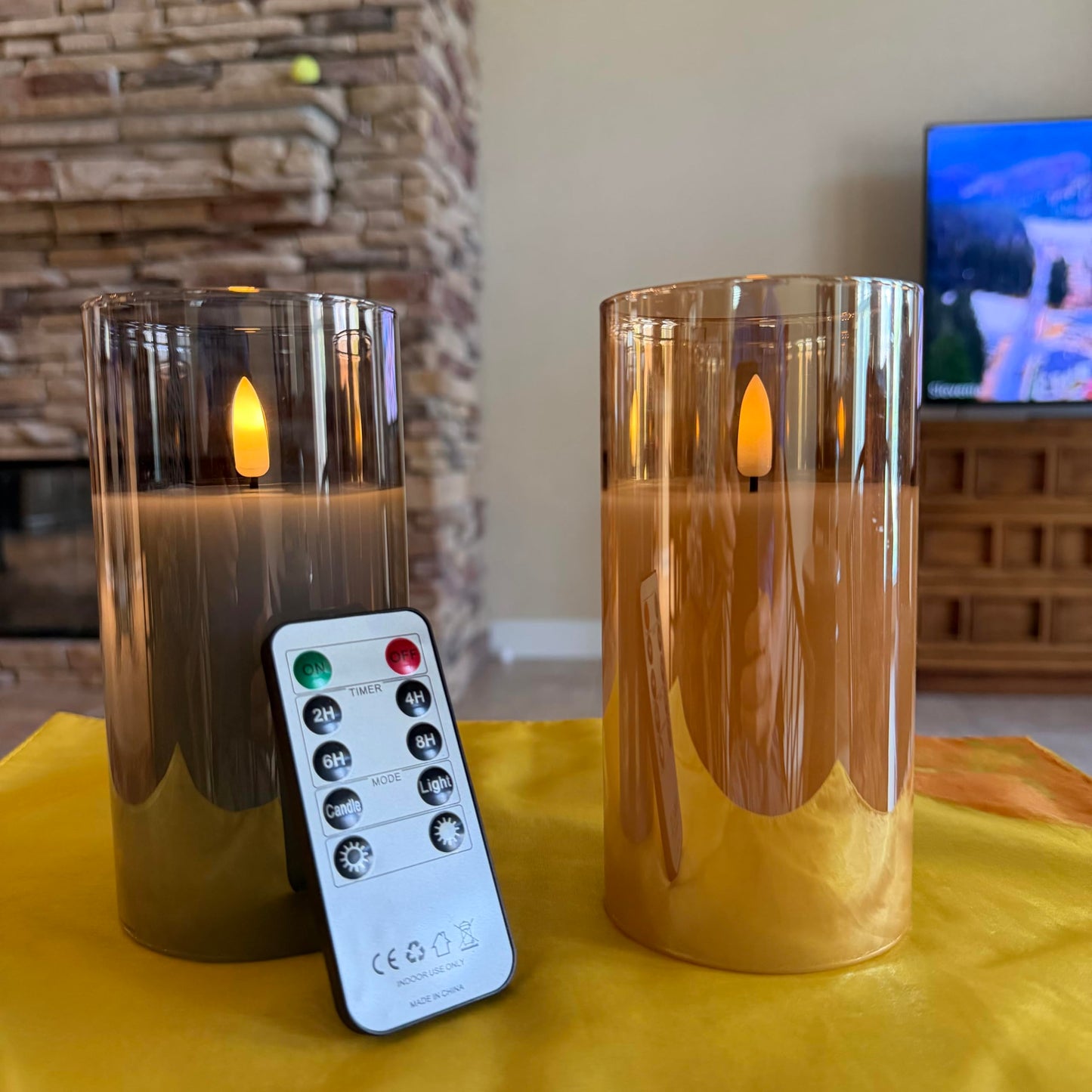 LinYang International Vanilla Scented Flameless LED Candles with Remote & Timer, Real Wax Flickering Pillar Candles in Glass,Battery Operated,for Home Decor,Spa,Gifts,Weddings,Holidays,Set of 3,Gold