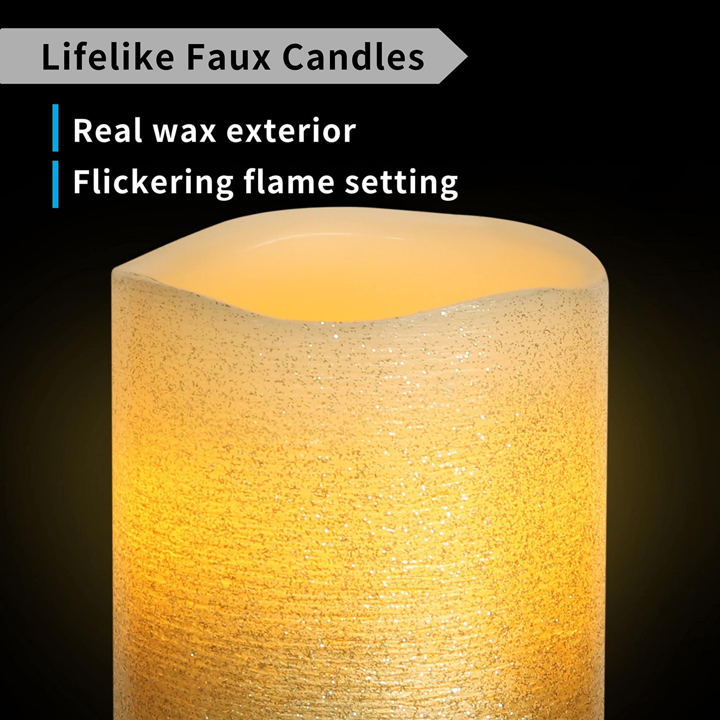 FURORA LIGHTING Gold Glitter Flameless Pillar Candles - Real Wax, 5/19 Auto Timer, Set of 3 (3x4, 3x5, 3x6), Batteries Included, Home Decor