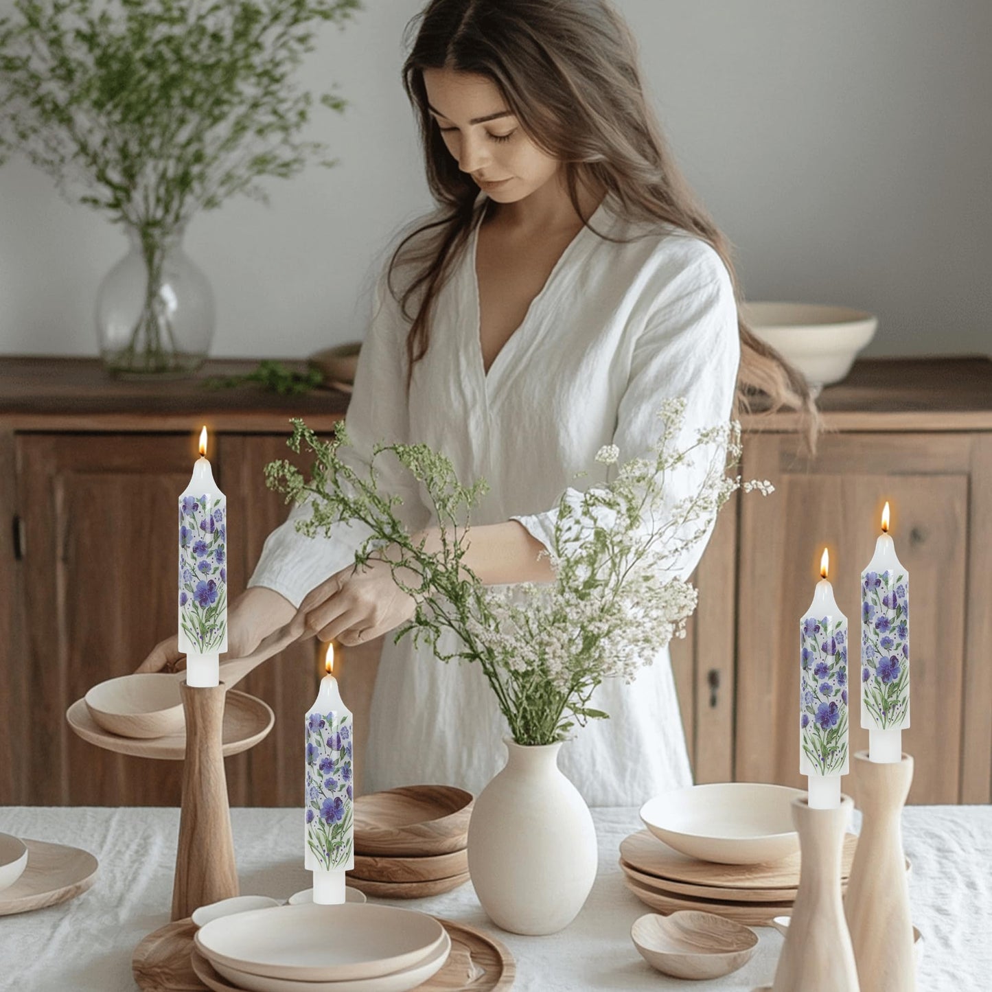 Floral Taper Candle Dripless Candlesticks Blue and White Handmade Candles Short Candle Sticks Flower Tapered Candles for Home Party Wedding Dinner 6inch-4pcs