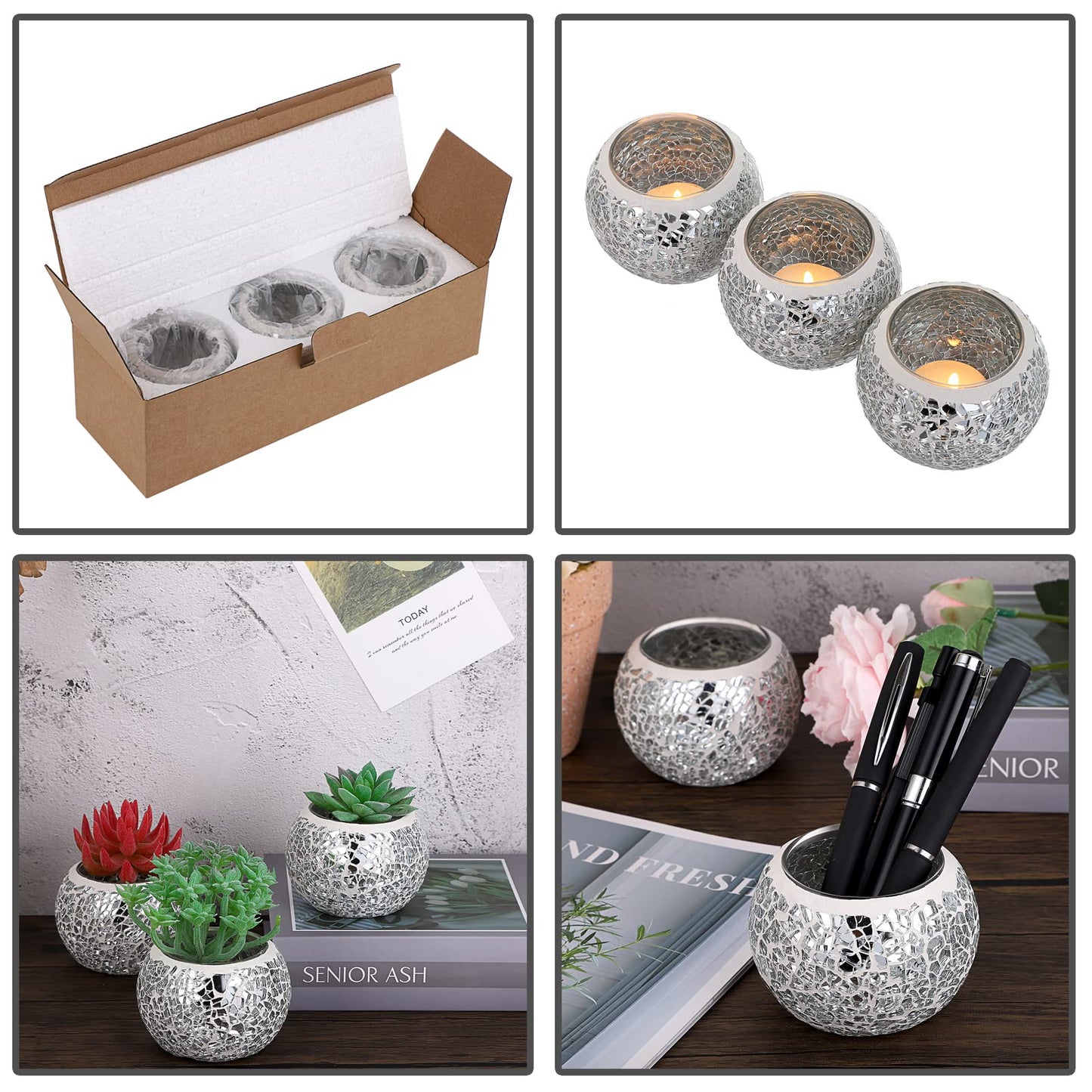 OwnMy 3PCS Mosaic Glass Tea Light Holders Round Bowl Votive Candle Holders Pillar Candle Stands, Silver Glass Mosaic Tealight Holders Potted Plant Bowl Vase Candle Centerpiece for Dining Table Wedding