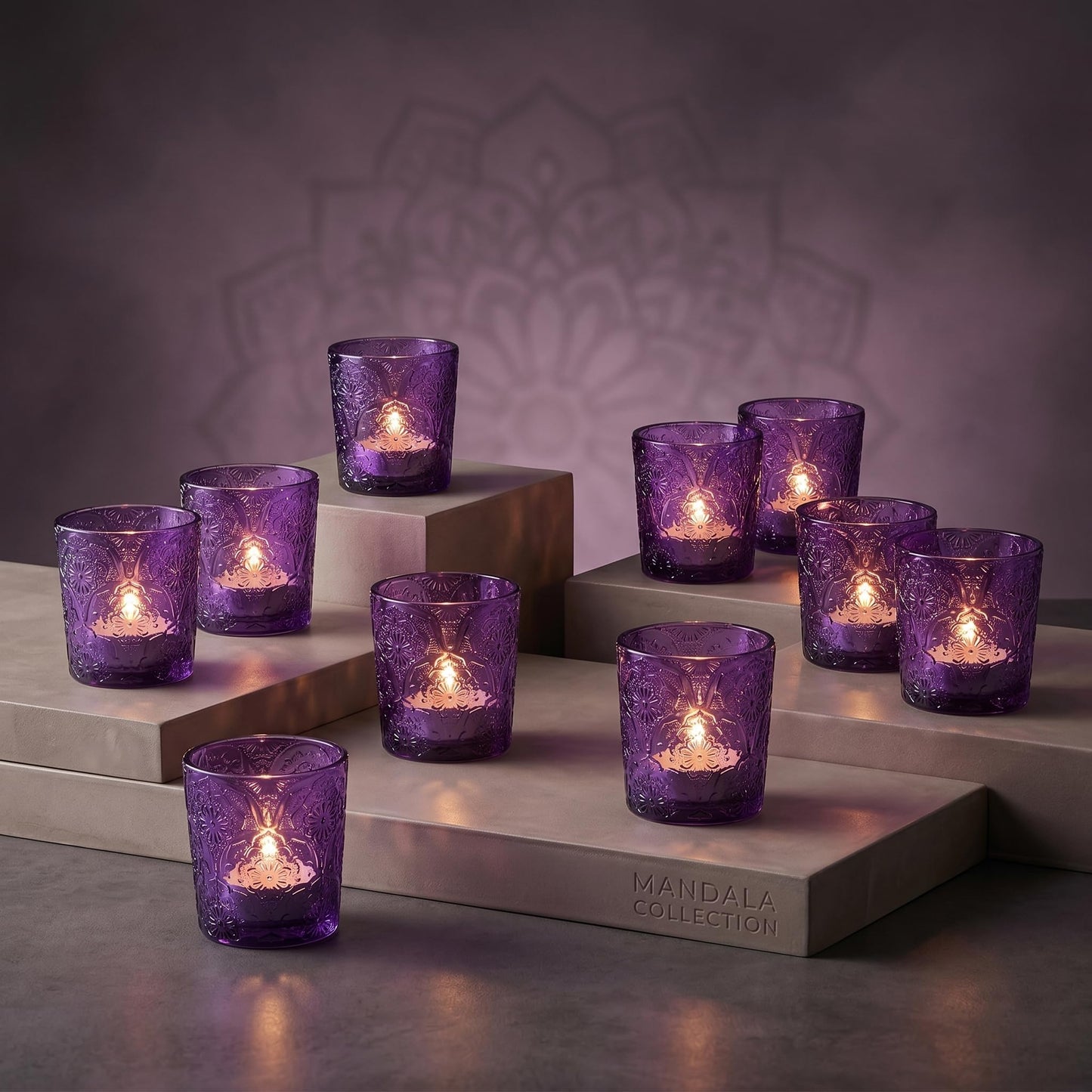 12 Pack Mandala Embossed Glass Candle Holders – Votive Tealight Holders with Patent Design, Decorative Embossed Glass Cups for Wedding Centerpieces, Parties, and Home Décor (Amethyst Bloom)