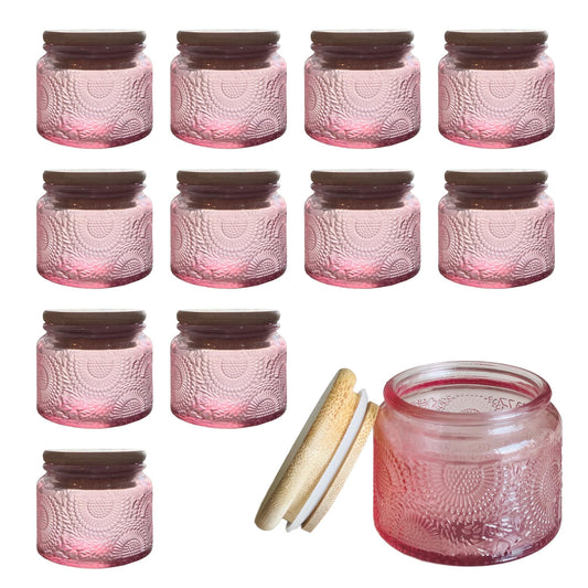 LINGSHINE 4 oz Pink Mini Glass Jars with Airtight Bamboo Lids 12 pack, Decorative Small Food Storage Canister, Vintage Embossed Home Décor Candle Parties Wedding Baby Shower Favors Gift