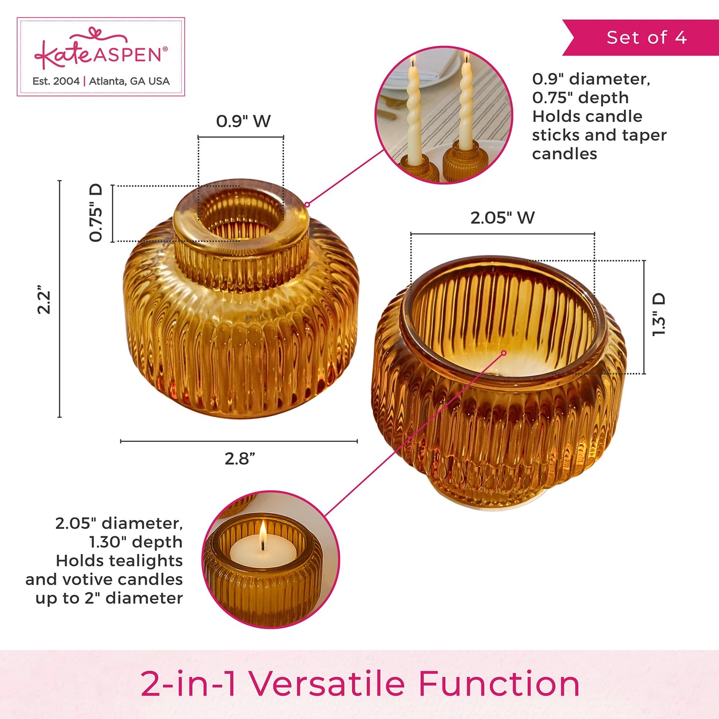 Kate Aspen Amber Taper Candle Holders for Candlesticks Set of 4 - Fluted Candlestick Holders for Fall Decor, Home Decor, Votive Candle Holder Decor, Tea Light Holder, Centerpiece Table Decorations