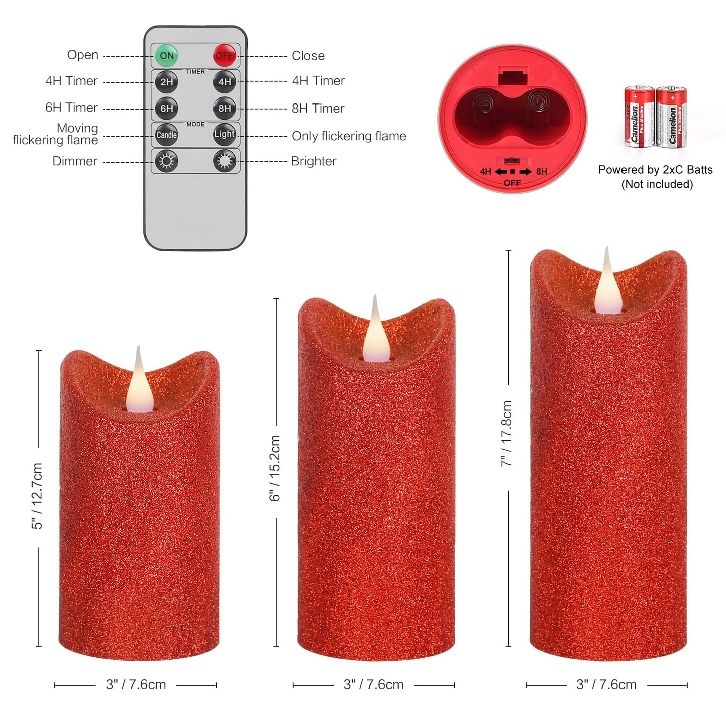 GiveU Pack of 3 Red Glitter Candle 3D Moving Flame LED Candles,10-Key Remote, Battery Powered Flameless Candle with Timer, Home Decor Bedroom, Hallway, Wedding Events