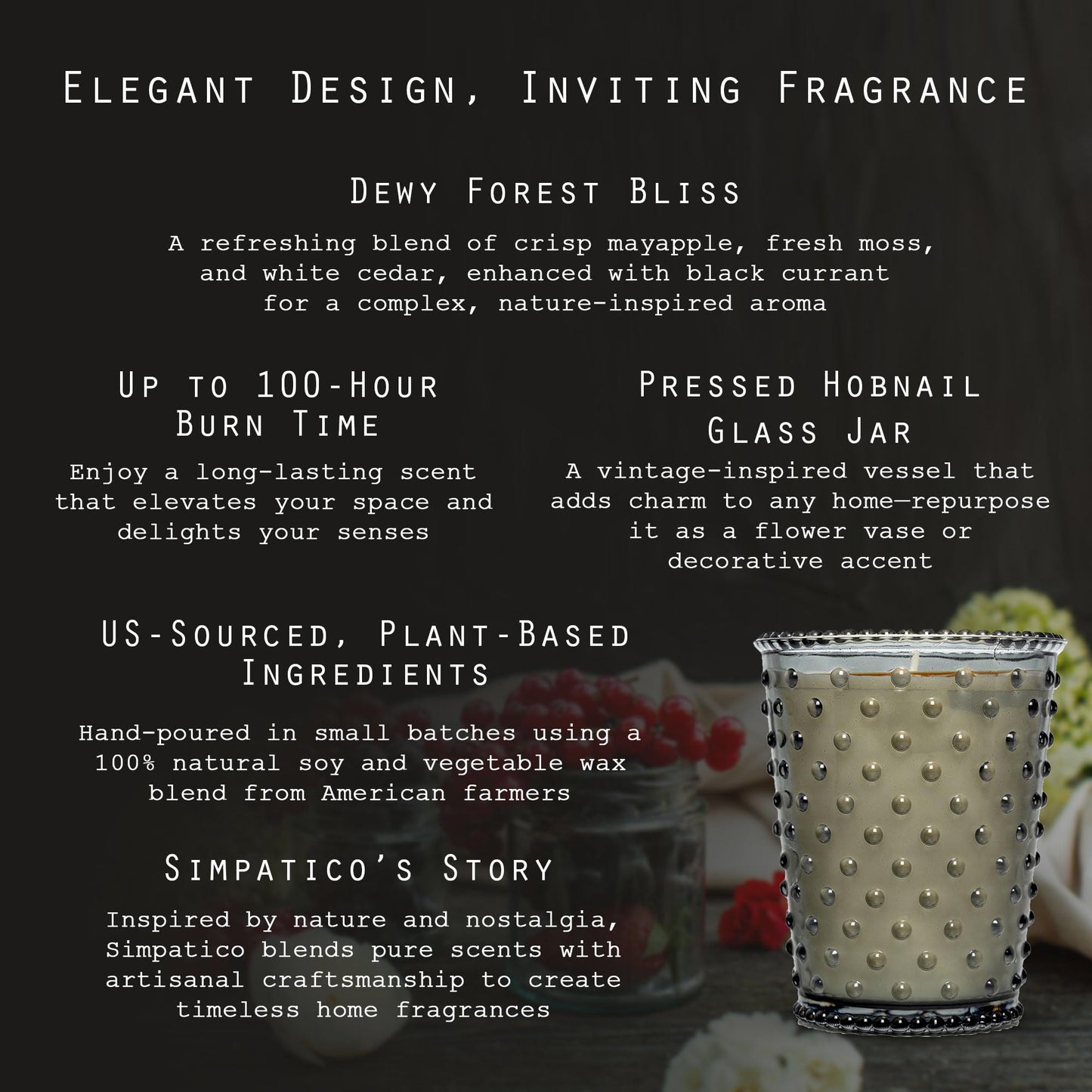 Simpatico No. 17 Fern Hobnail Candle, Crisp Mayapple with Fresh Moss & White Cedar, Pressed Hobnail Glass Jar, 100-Hour Burn Time, Scented Candles for Home, 16 oz