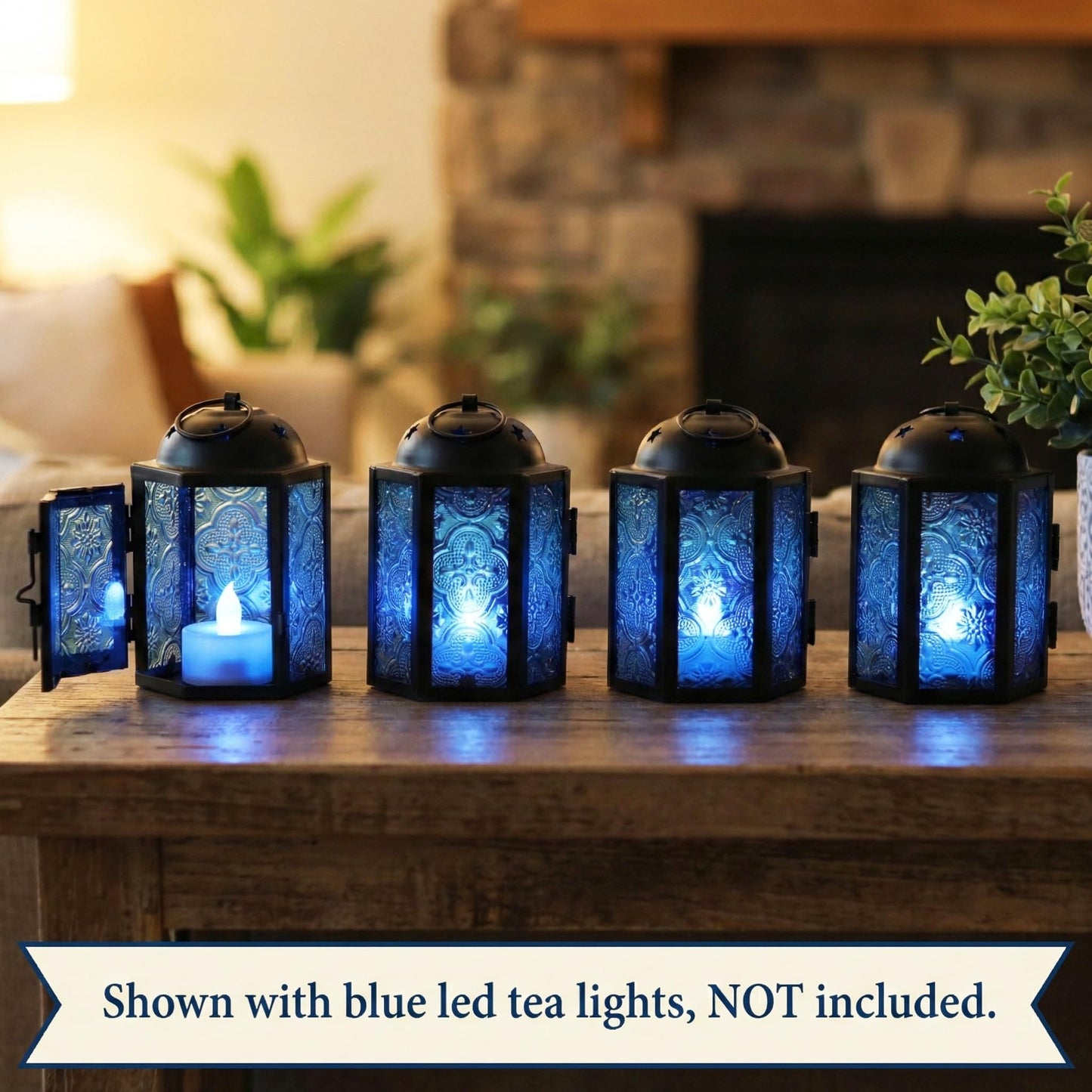 Vela Lanterns Tea Light Candle Holders, Votive Holders, Mini Moroccan Lamps, Decorative Metal Hanging Candle Lantern, Table Centerpieces, Small Indoor Shelf Decor, Turkish Ramadan Decor, 16pc, Blue