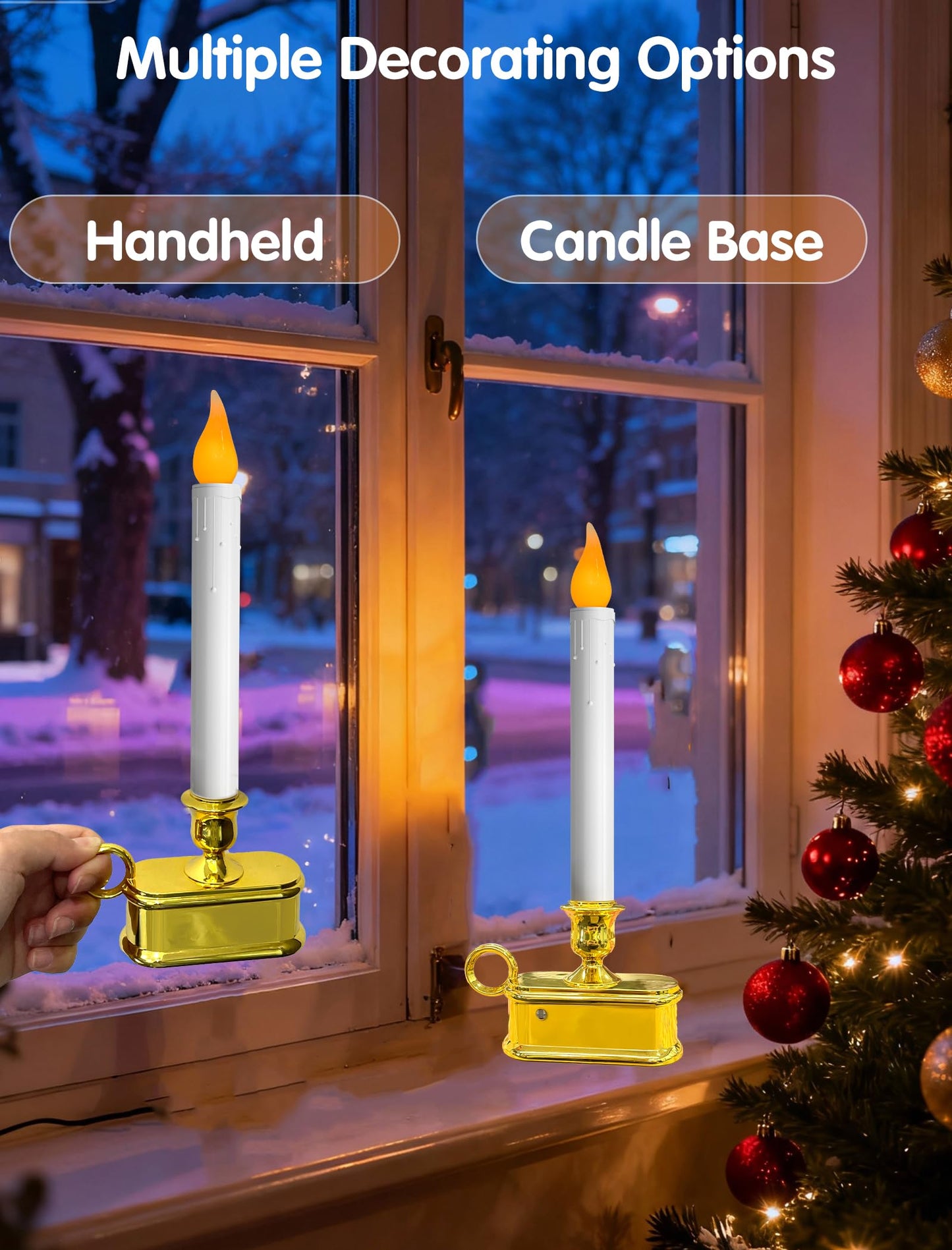 Romasaty 4 Pack Christmas Window Candle Lamps with Sensor Dusk to Dawn,10 Inch Battery Operated LED Window Candles with Flickering Amber Flame for Weddings Table Christmas Decor, Gold Plated Base