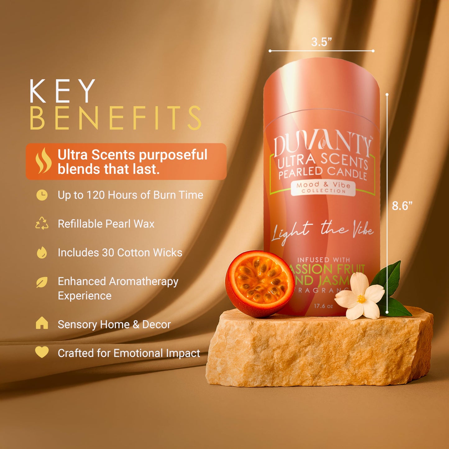 Duvanty Mood & Vibe Pearled Candle Sand with Wicks – Passionfruit & Jasmine Scented Candle for Vibrant Home Ambiance, Decorative Wax Beads & Social Gatherings, 17.6 oz.